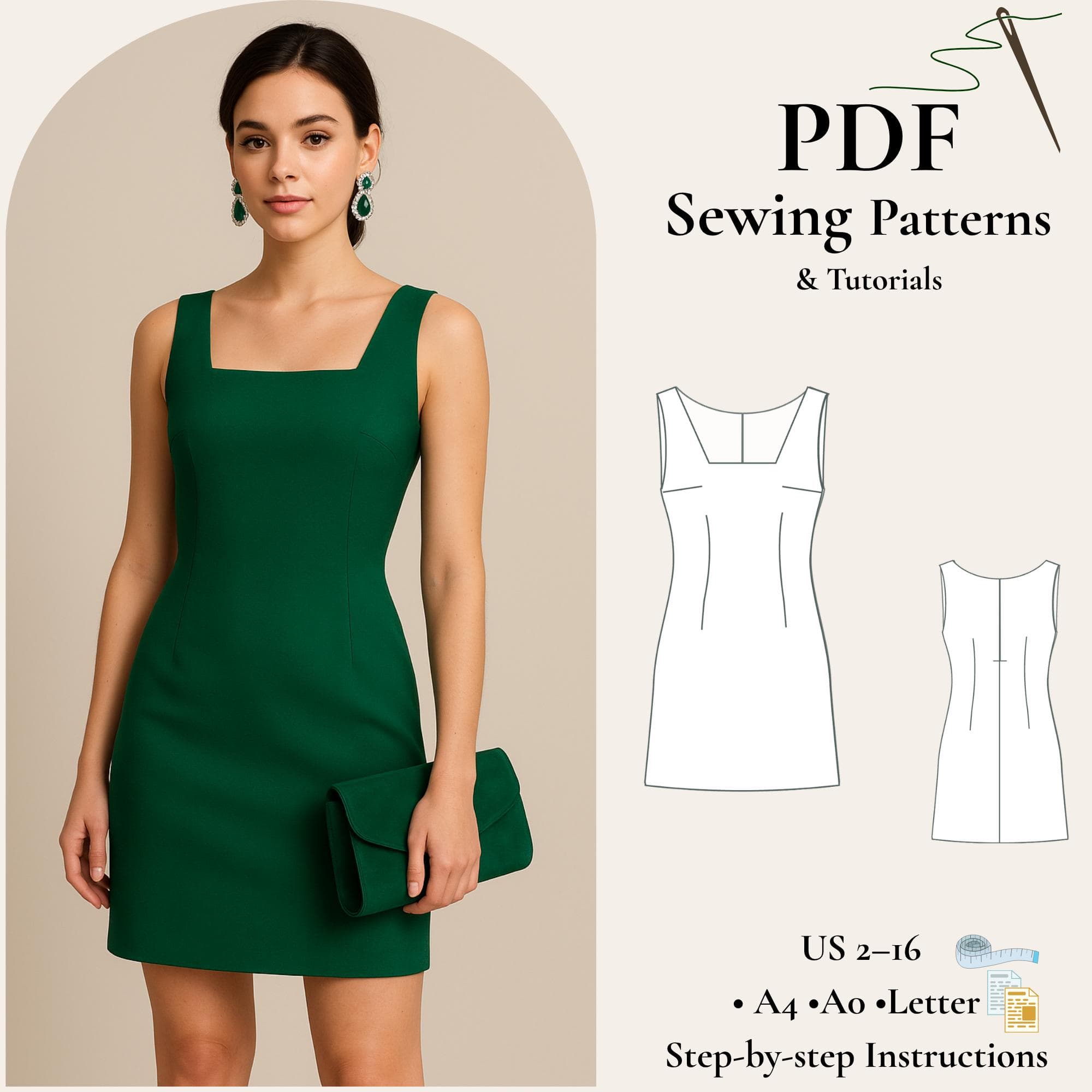 Square Neck Mini Dress Sewing Pattern PDF, Fitted Sheath Dress Pattern, Sleeveless Dress Pattern, Beginner Sewing Pattern, Women Dress PDF