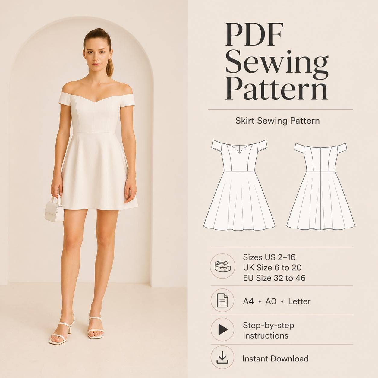 Off Shoulder Mini Bridal Dress Women Dress Patern PDF Digital Pattern