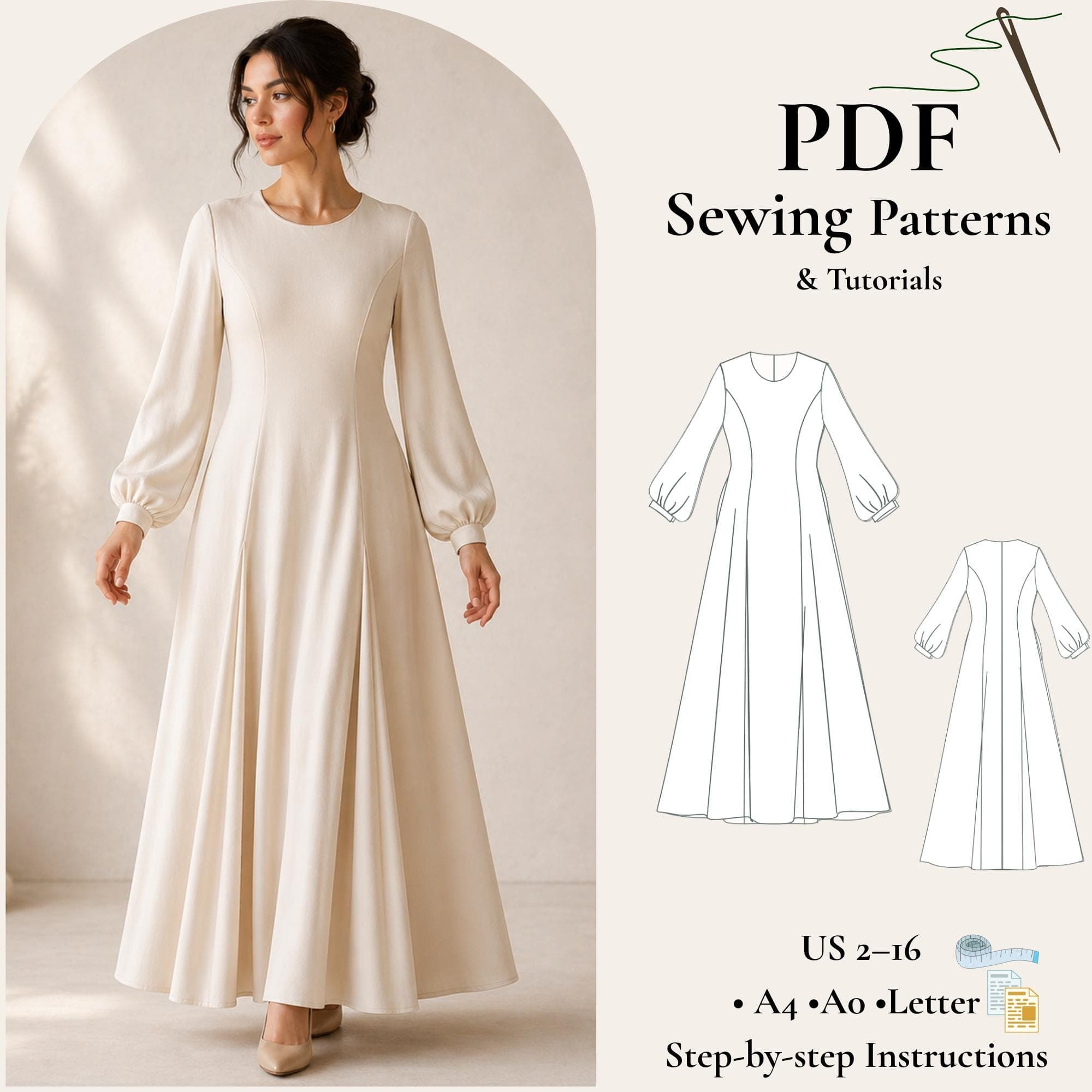 Maxi Dress Sewing Pattern PDF, Long Sleeve Dress Pattern, Princess Seam Dress, Bishop Sleeve, Floor Length Dress, Women XS-XXL