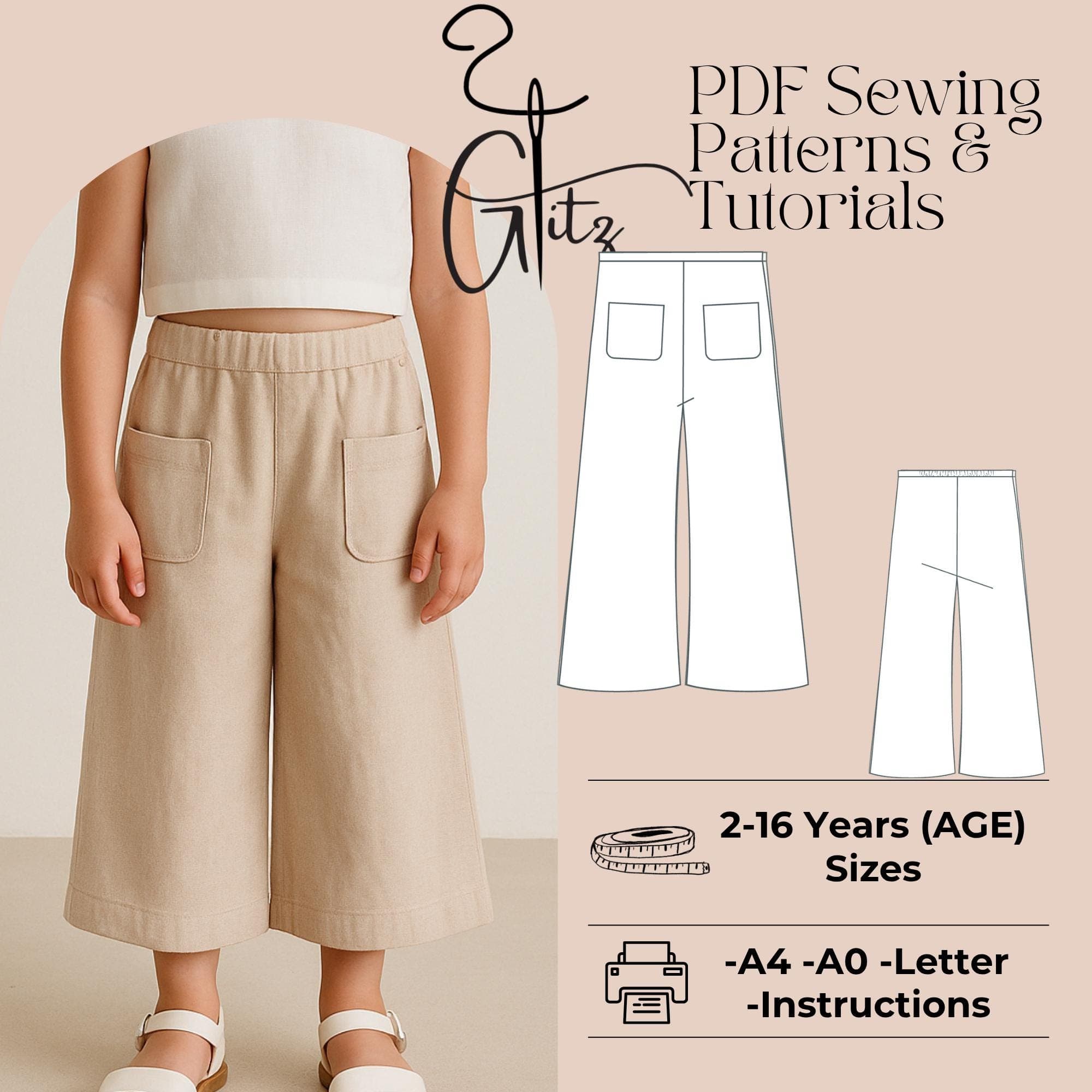 Girls' Wide Leg Linen Pants Sewing Pattern (PDF)