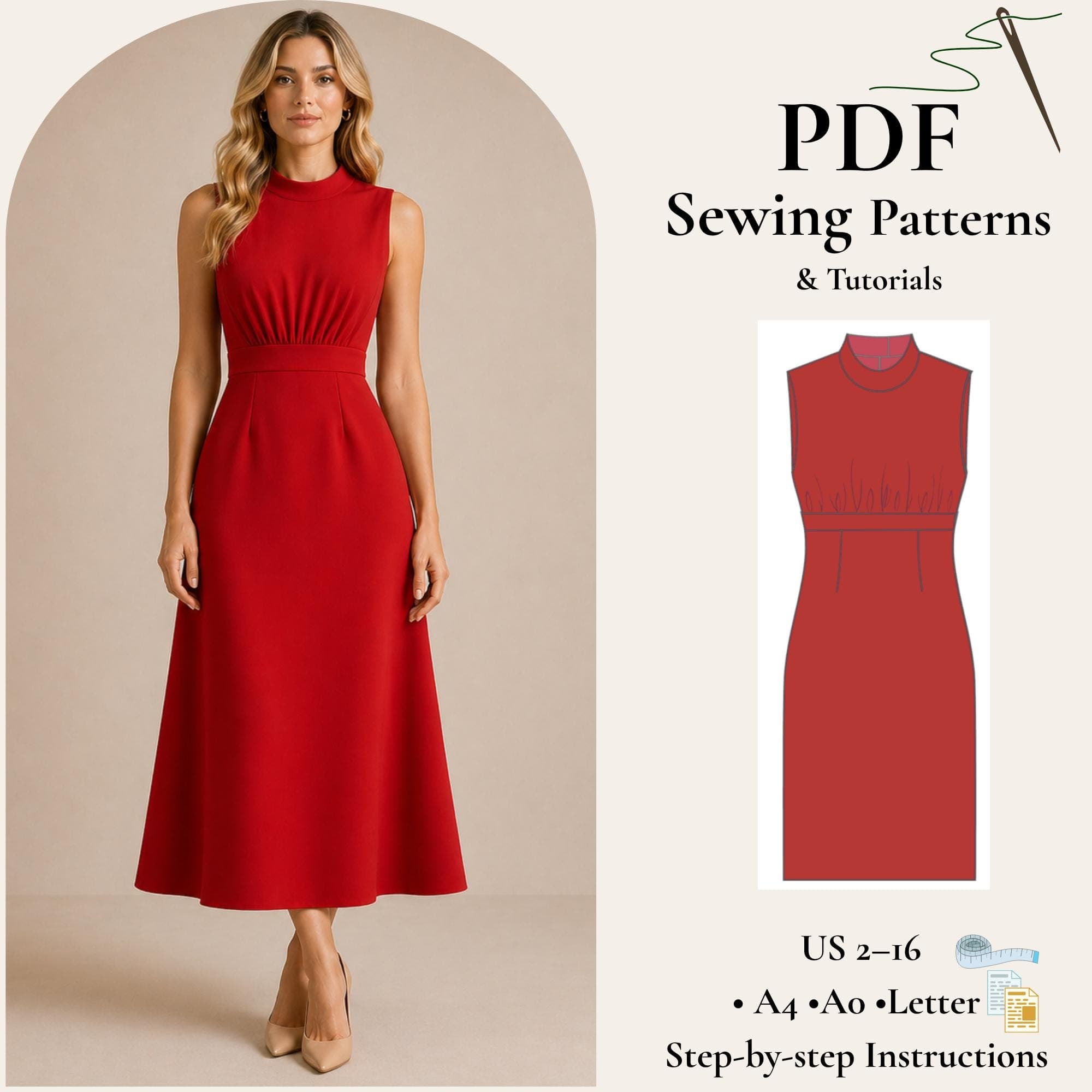 Elegant High Waist Dress Sewing Pattern PDF, Ruched Bust Midi Dress, Stand Collar Sleeveless Dress Pattern, 3/4 Circle Skirt, Women XS-5XL