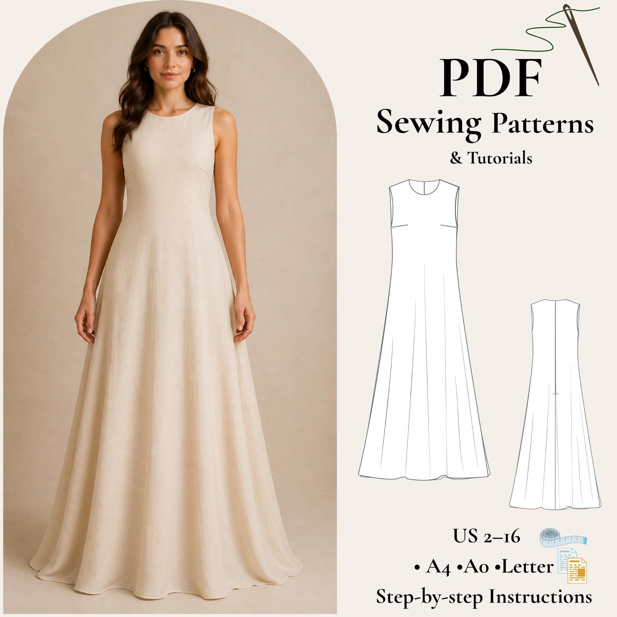 Linen Maxi Dress Sewing Pattern: Sleeveless Summer Tent Dress (PDF)