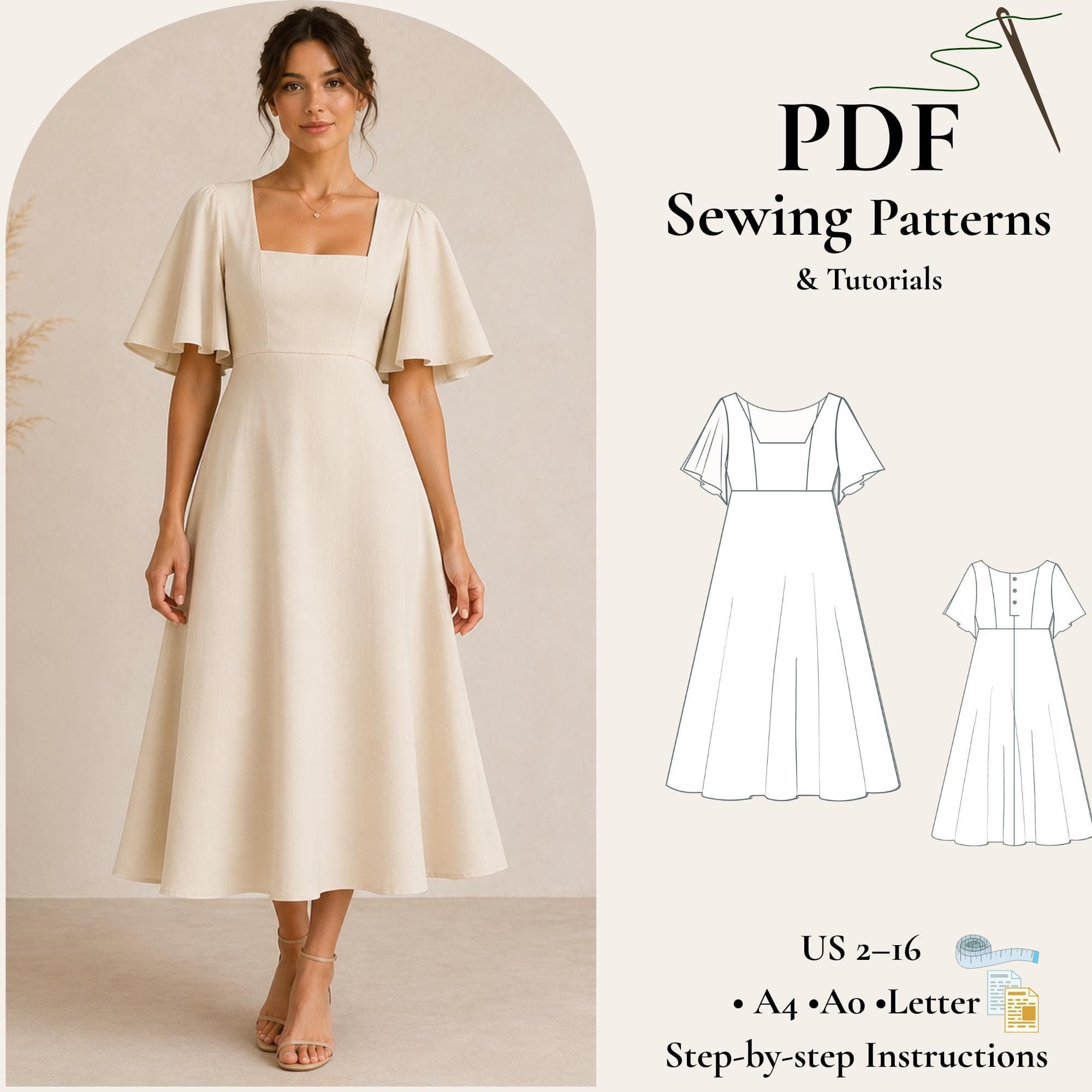Empire Waist Dress Sewing Pattern PDF, Square Neck Dress Pattern, Flared Sleeve Dress, Cottagecore Dress Pattern, Tea Length Dress XS-5XL