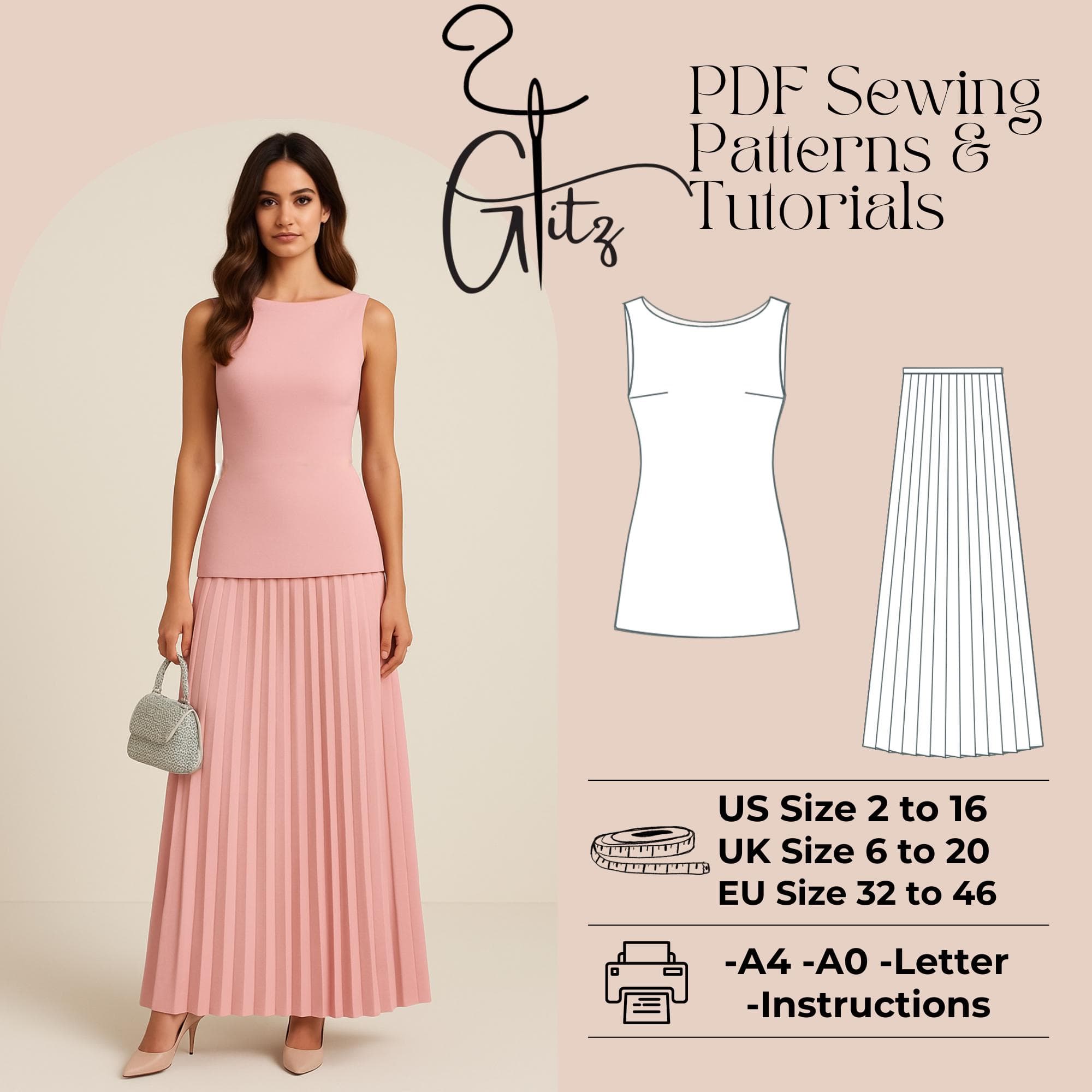 Sleeveless Blouse & Pleated Maxi Skirt Sewing Pattern (US 2-30) (Digital Download)