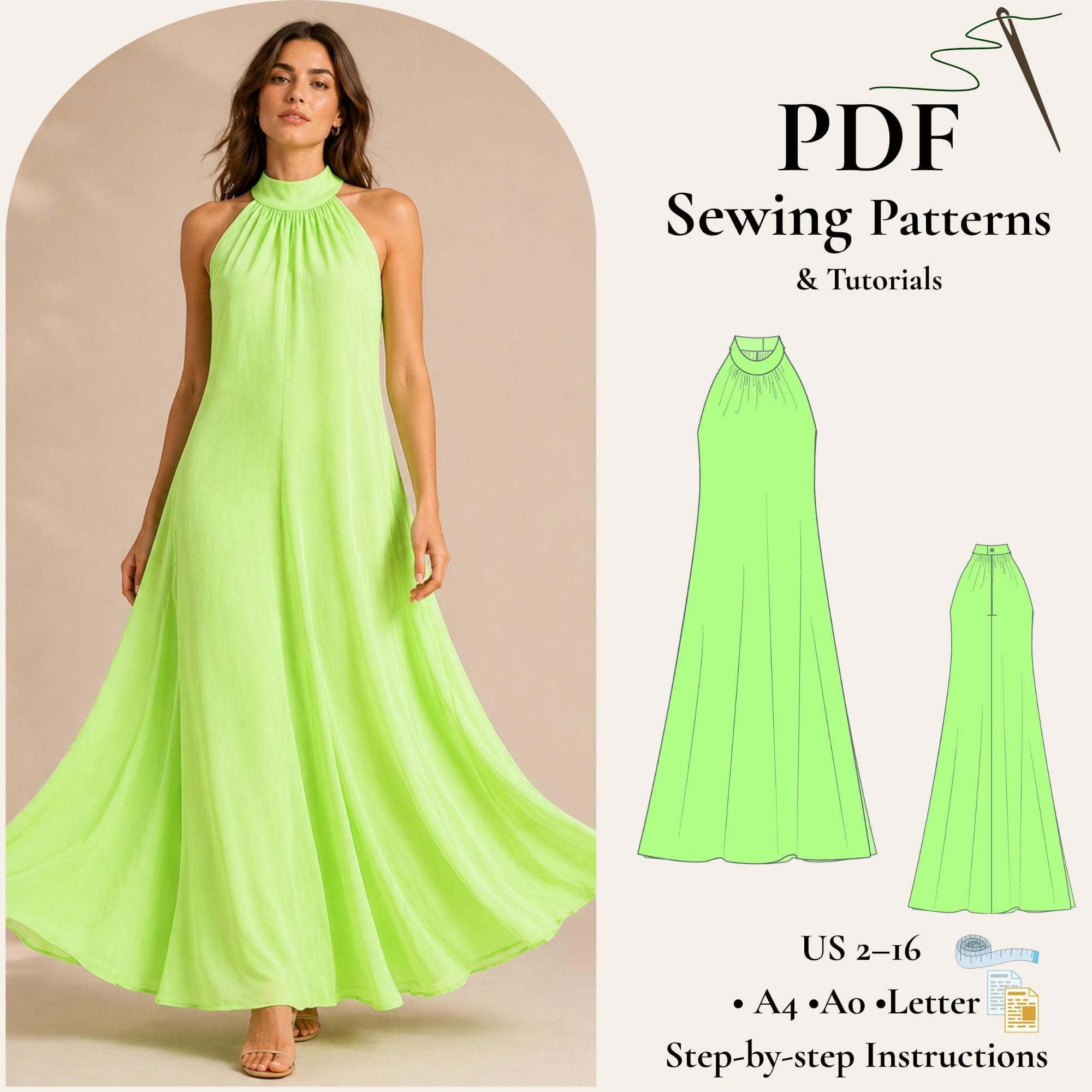 Halter Neck Maxi Dress Sewing Pattern PDF, Flowy Summer Dress Pattern, Ruched Neck Dress, Vacation Dress XS-5XL