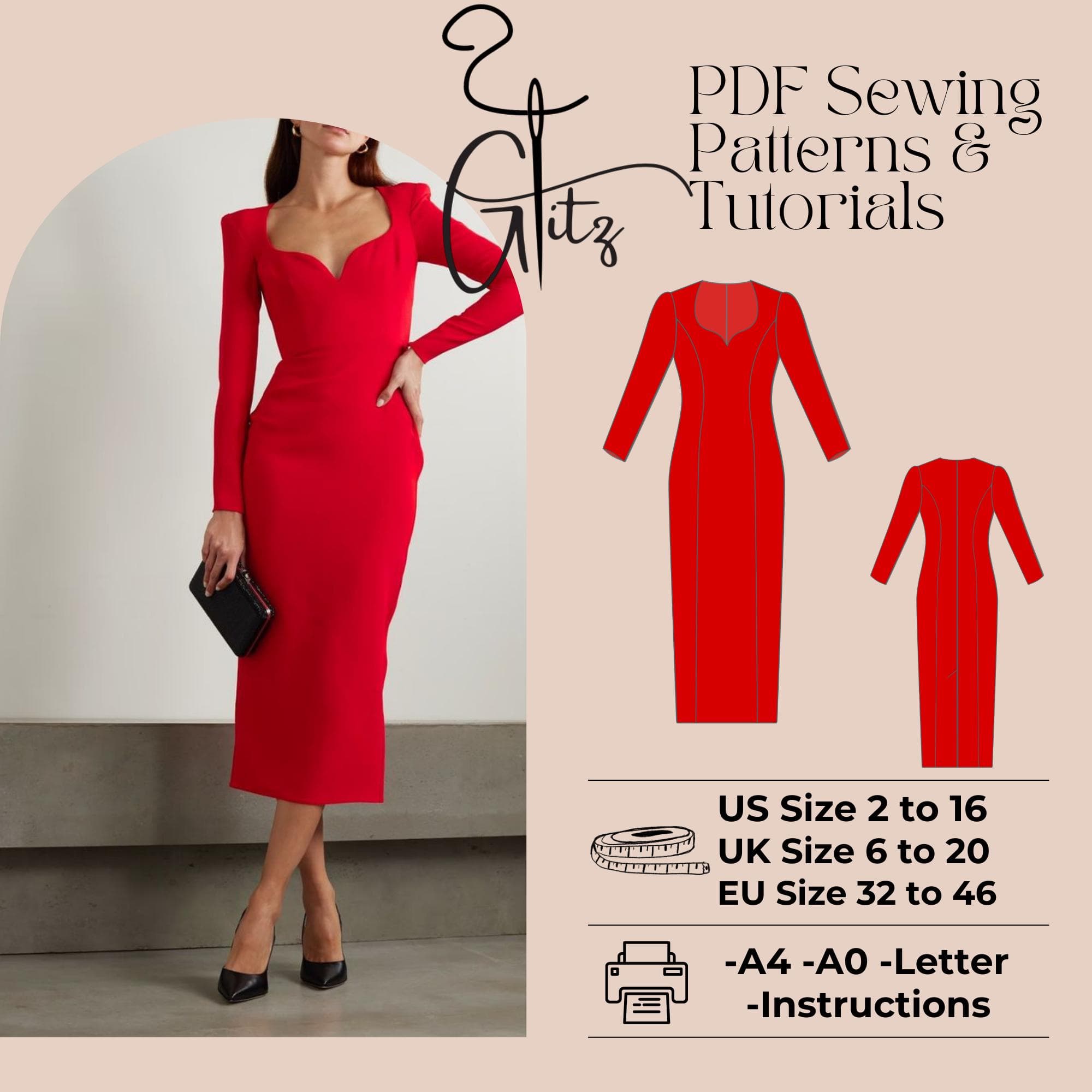 Long Sleeve Bodycon Dress Sewing Pattern PDF, Elegant Midi Dress Pattern, Fitted Dress, Evening Dress Pattern, US 2-16, Instant Download