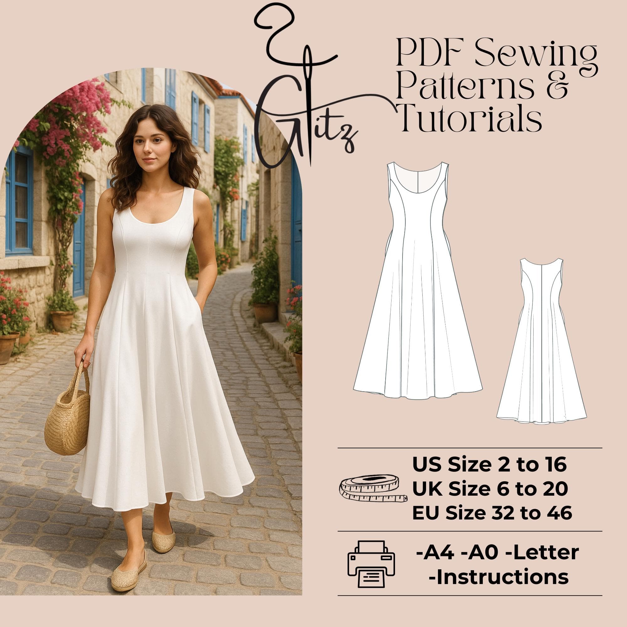 Sleeveless Circle Dress Sewing Pattern, Ankle Length (PDF Pattern) US 2-30