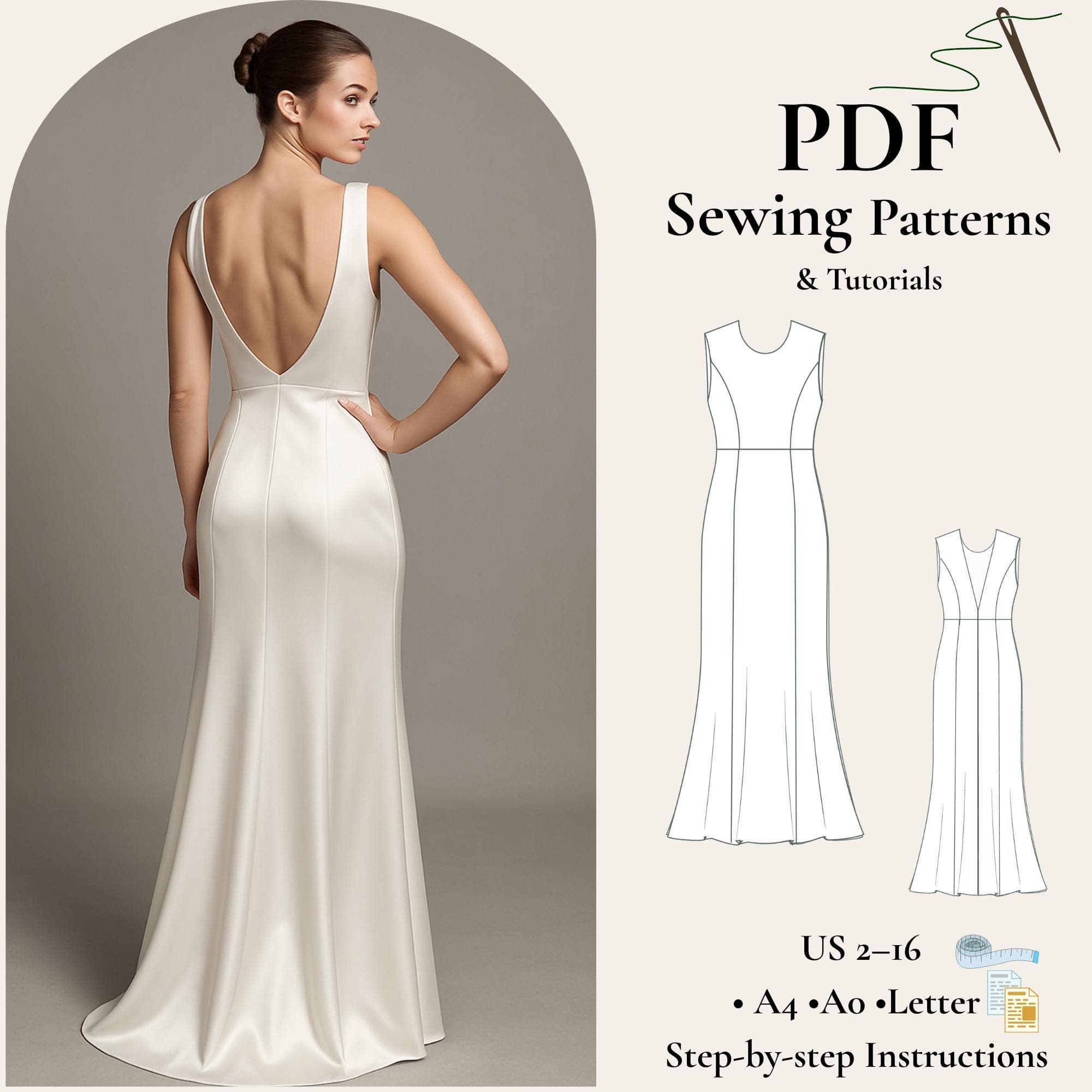 Elegant Maxi Dress Sewing Pattern PDF, Sleeveless Wedding Dress Pattern, Princess Seam Dress, Long Evening Dress XS-5XL