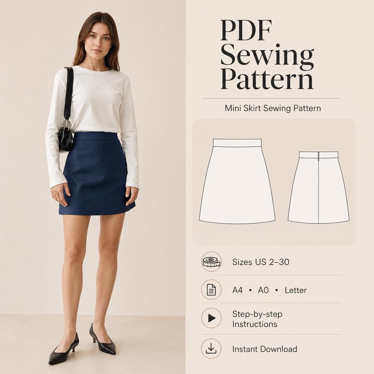 A-Line Mini Skirt Sewing Pattern, Easy PDF (US 2-30)