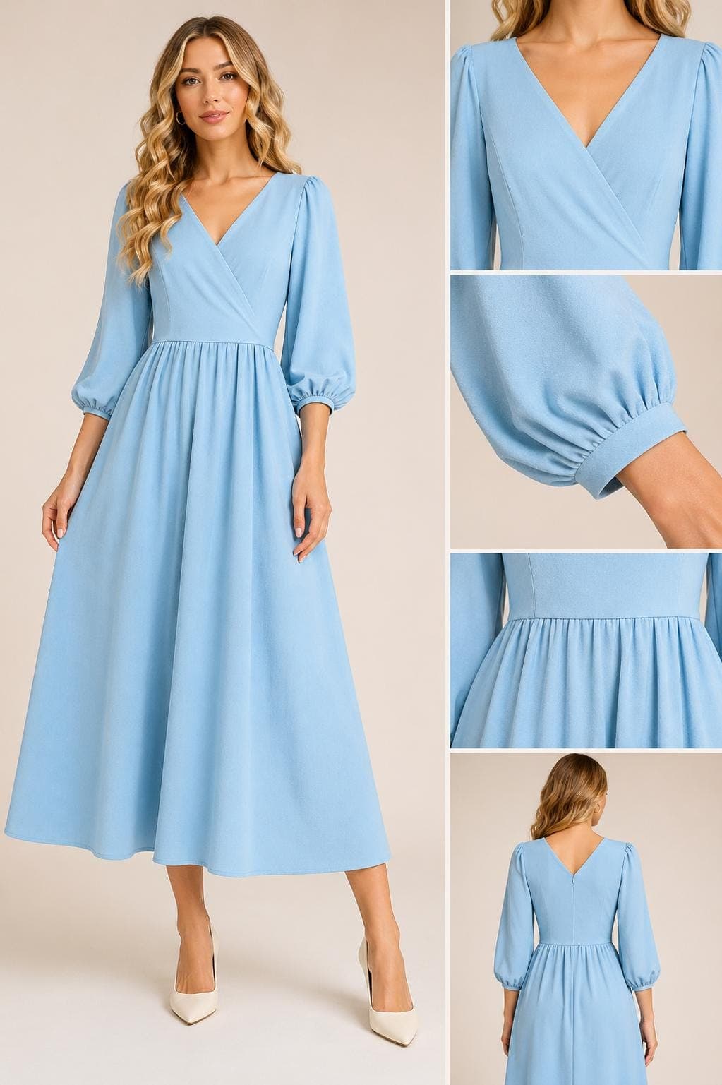 Wrap Midi Dress Sewing Pattern PDF, Bishop Sleeve Dress Pattern, Surplice Neck Dress, Women Dress Pattern, A4 A0 Letter, US 2โ16 - image 3