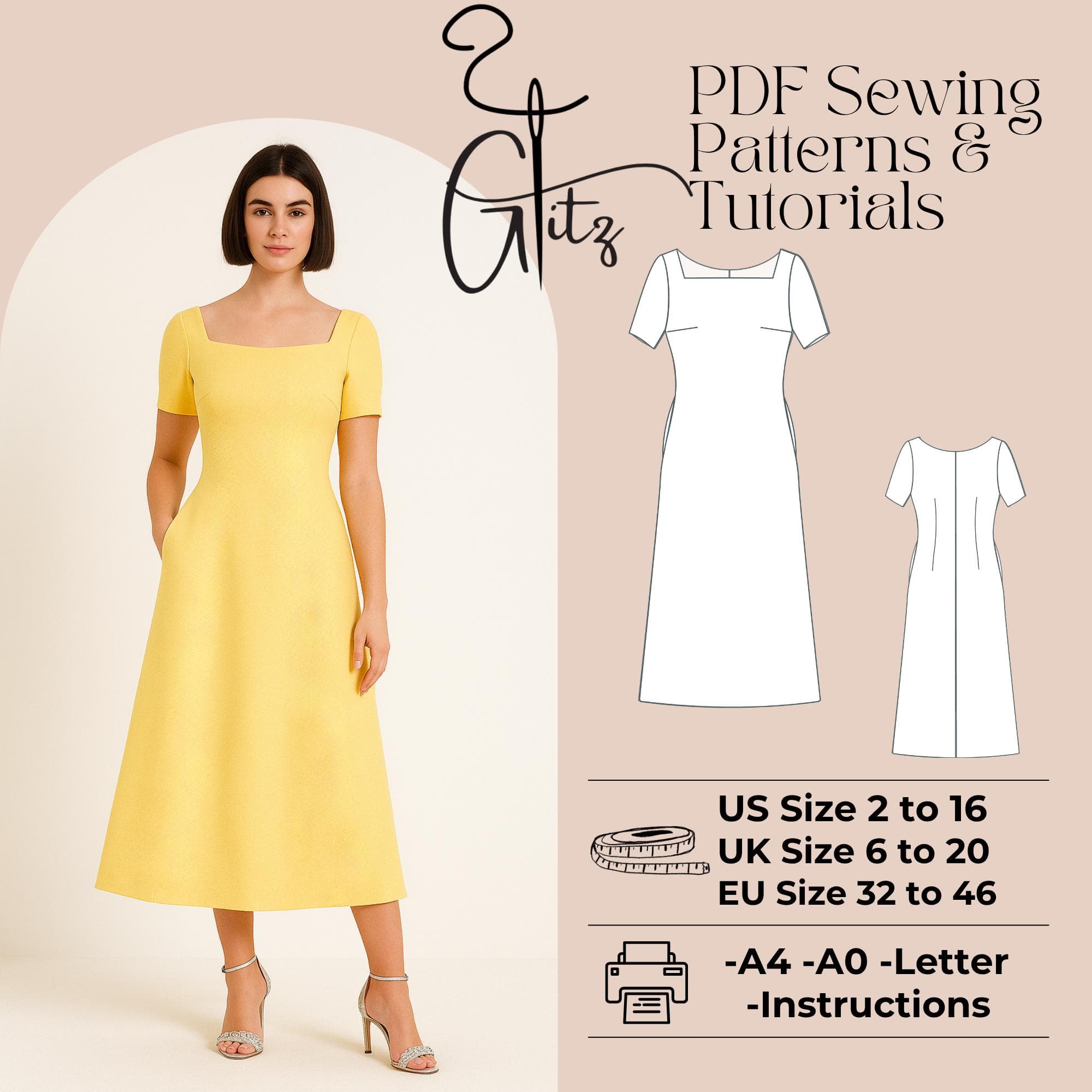 Cottagecore Midi Dress Sewing Pattern, Square Neck (PDF Pattern)