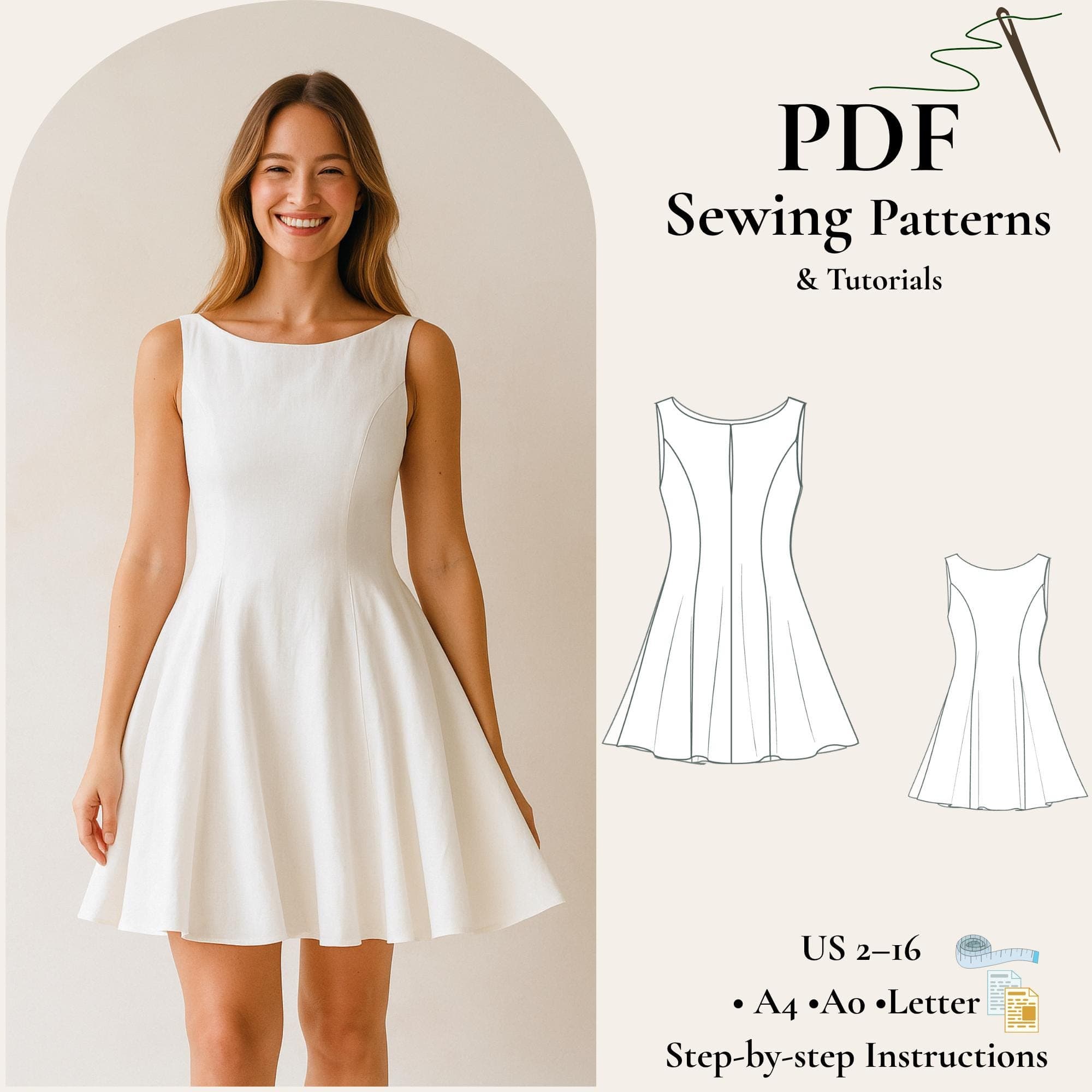 Bridal Mini Dress Sewing Pattern PDF, Short Wedding Dress Pattern, Sleeveless Boat Neck Dress, Fit and Flare Dress XS-5XL