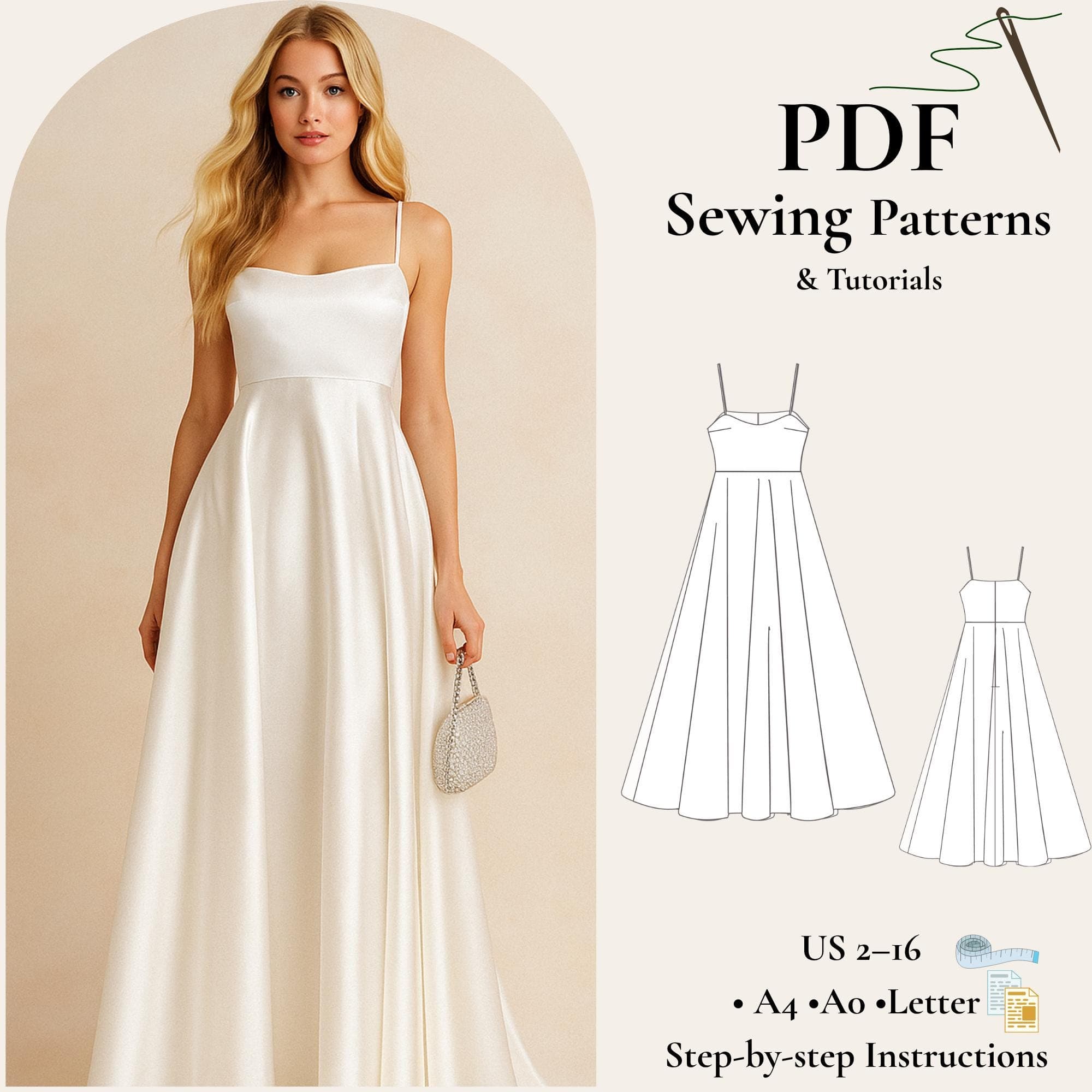 Maxi Evening Dress Sewing Pattern PDF, Strap Neck Dress Pattern, Elegant Formal Dress, Bridesmaid Dress, Easy Sewing Pattern, Women Dress