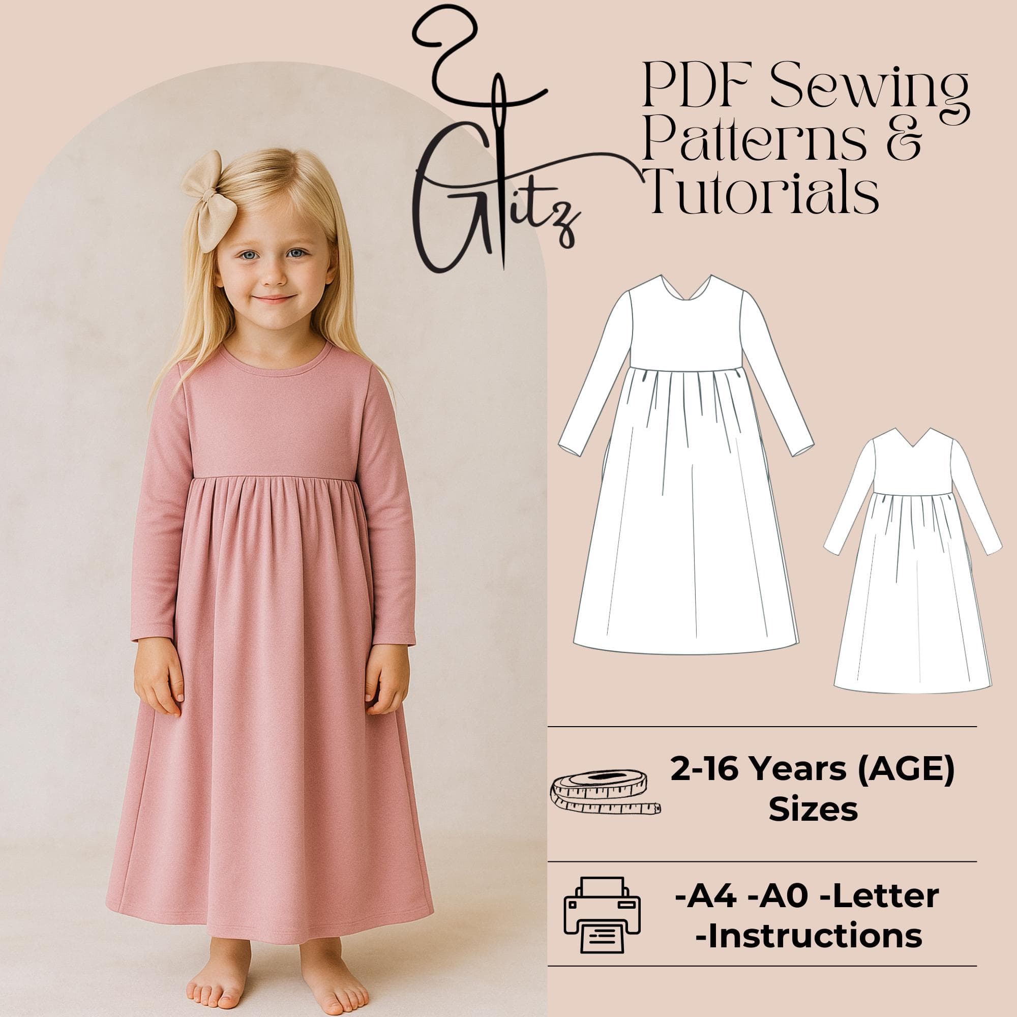 Girls Long Sleeve Cottagecore Dress Sewing Pattern (PDF) - image 4