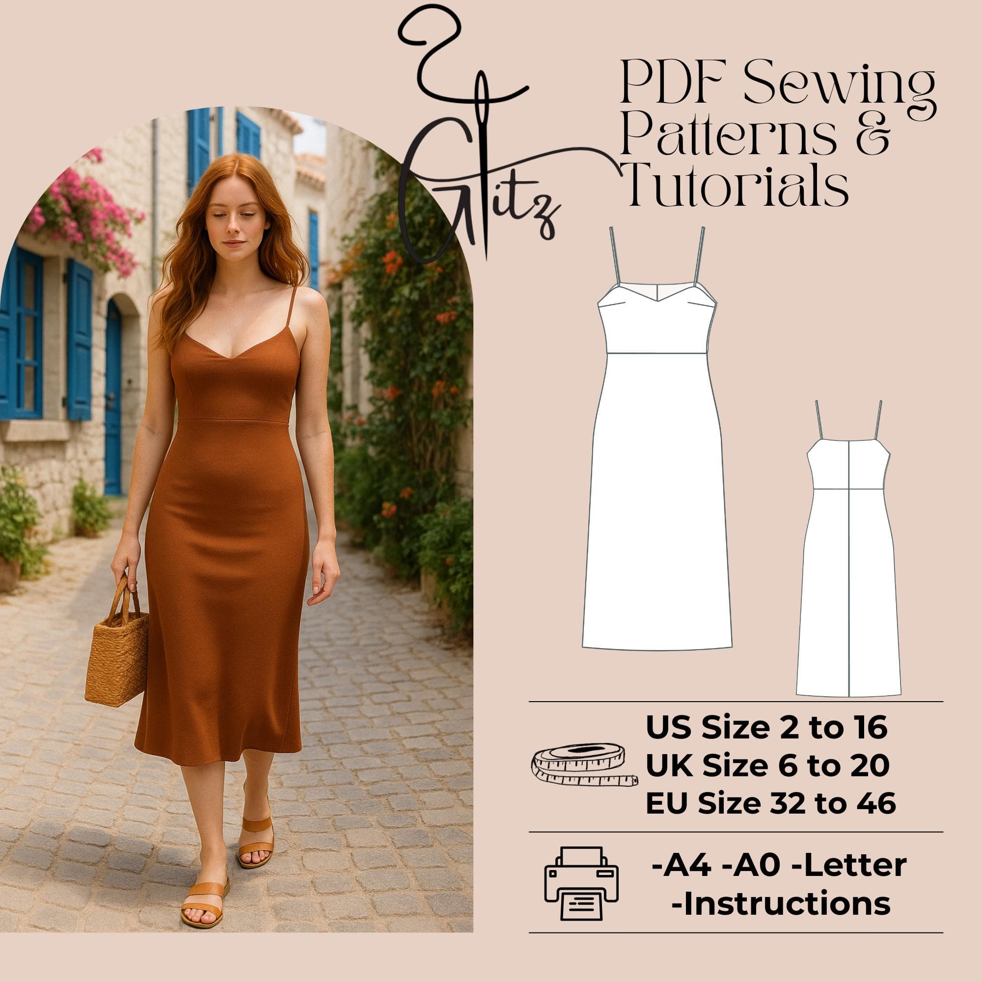 Spaghetti Strap V-Neck Midi Dress Sewing Pattern (PDF Pattern)