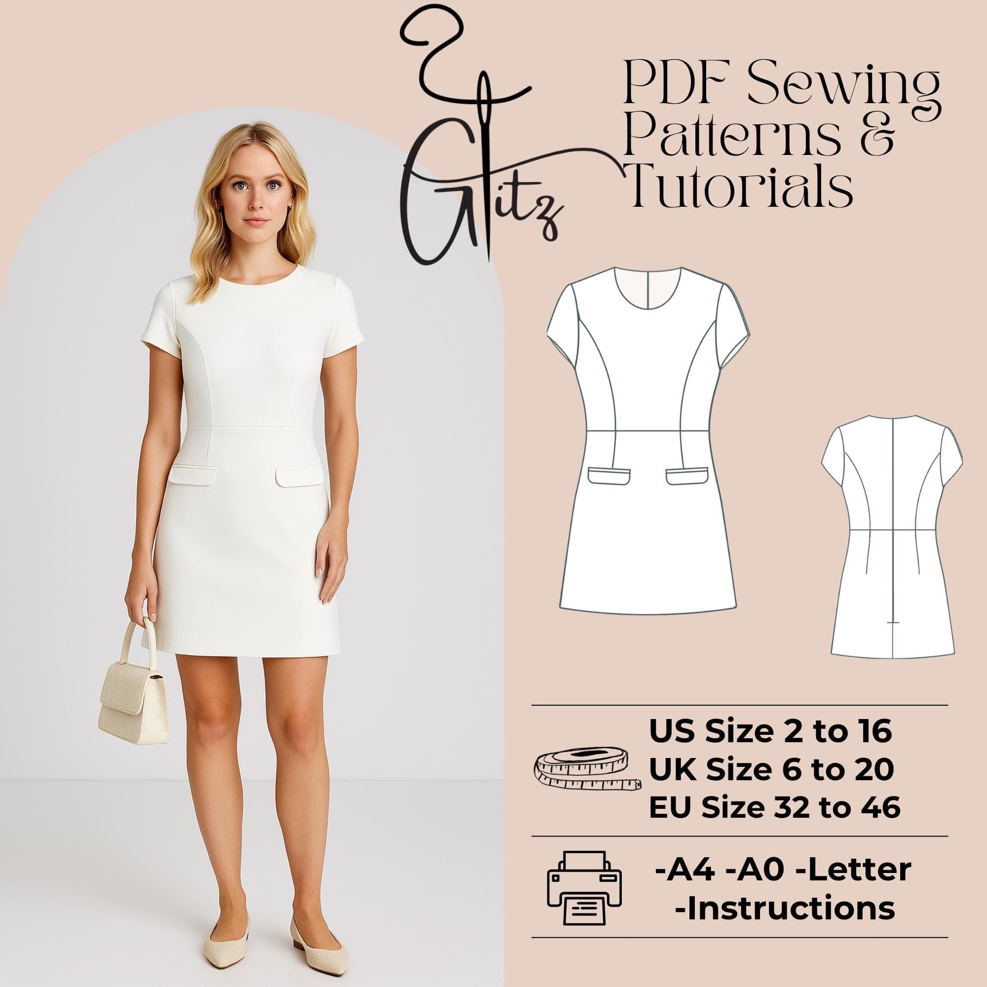 A-Line Mini Dress Sewing Pattern: Wedding, Cocktail (PDF Pattern)