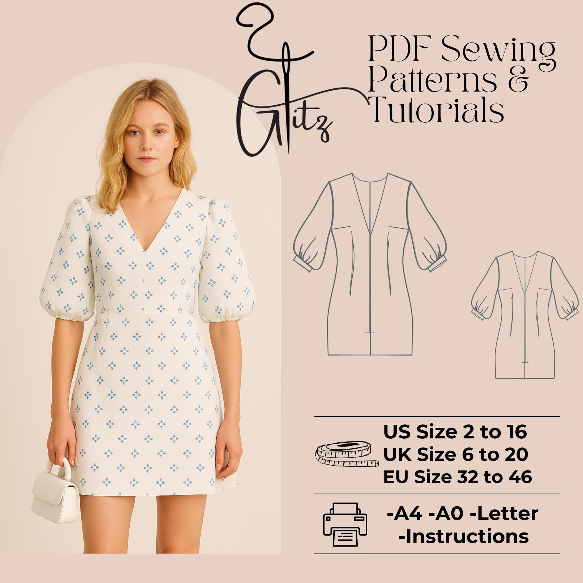 Luna Puff Sleeve Deep V Neck Mini Dress Sewing Pattern PDF Digital Pattern