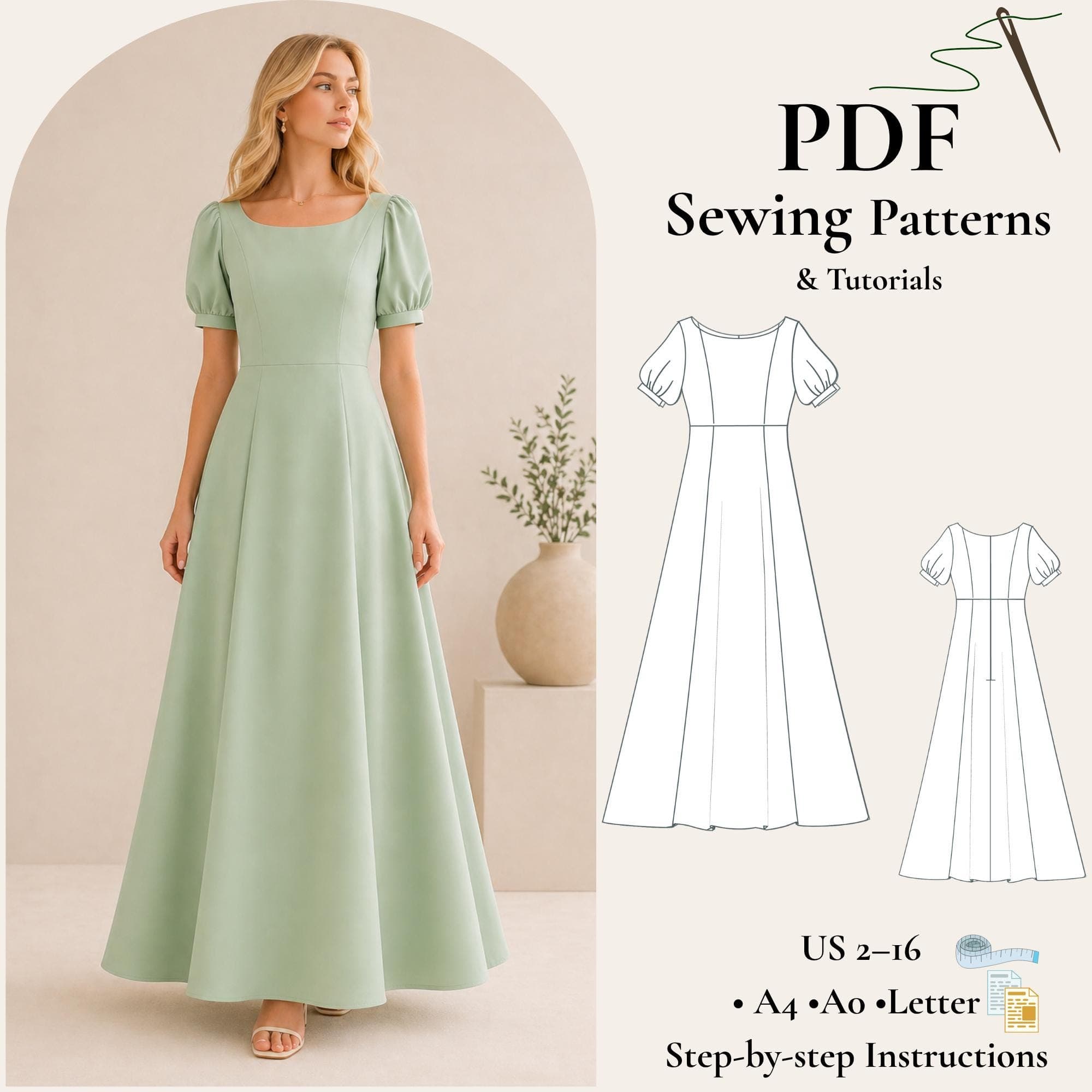 Regency Cottagecore Dress Sewing Pattern, Puff Sleeve (PDF Pattern)