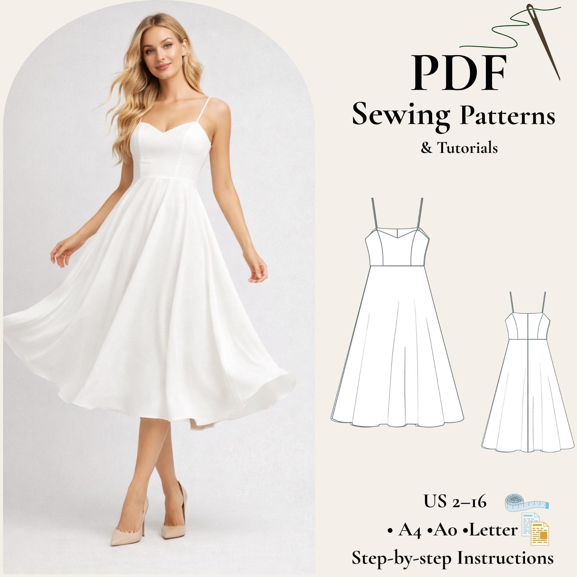 Spaghetti Strap Midi Dress Sewing Pattern PDF, Princess Seam Dress Pattern, Summer Dress Pattern, Flowy A Line Dress, Bridal Gown