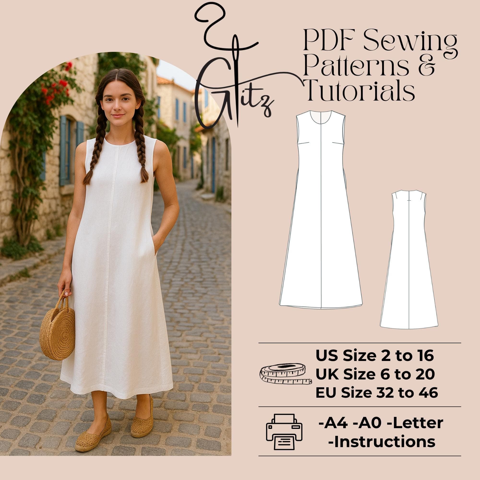 Sleeveless Summer Linen Dress Sewing Pattern Cottagecore Maxi Dress US 2-30 size Long Dress Beginner Friendly Easy Dress Digital Pattern PDF
