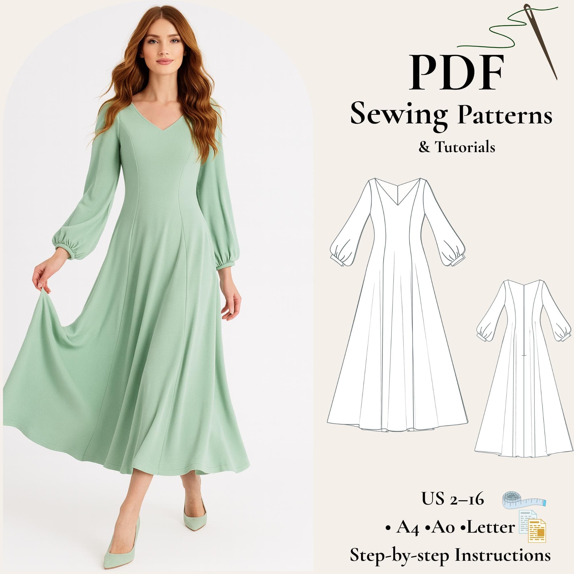 Cottagecore Prom Dress Sewing Pattern, Long Puff Sleeve (PDF Pattern)