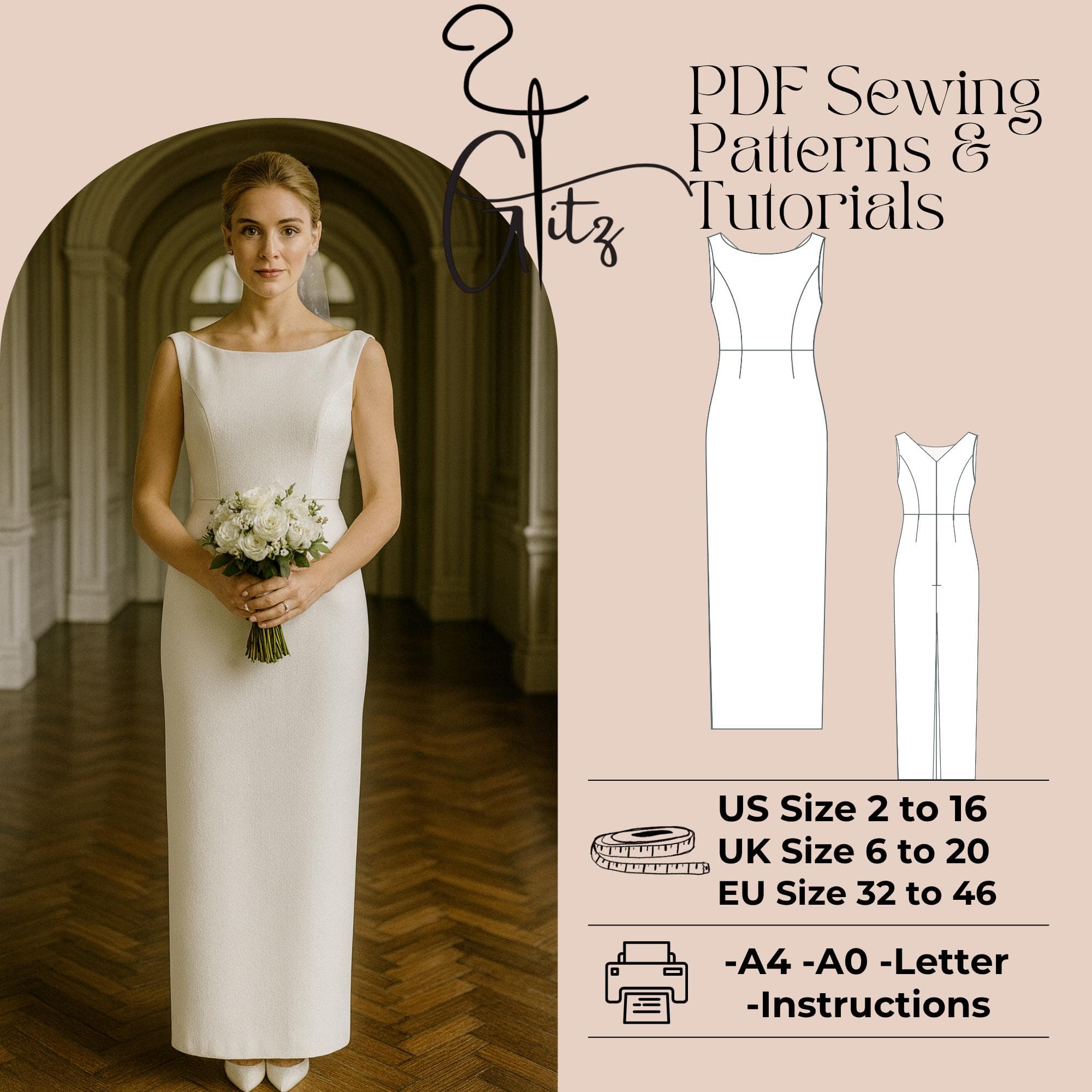 Boat Neck Bridal Pencil Dress Sewing Pattern (PDF)