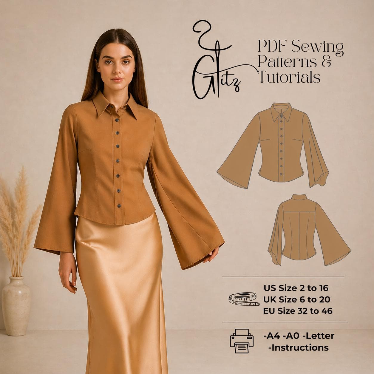 Flared Long Sleeve Button-Down Shirt Sewing Pattern (A0-A4, US 2-30) (PDF Pattern)