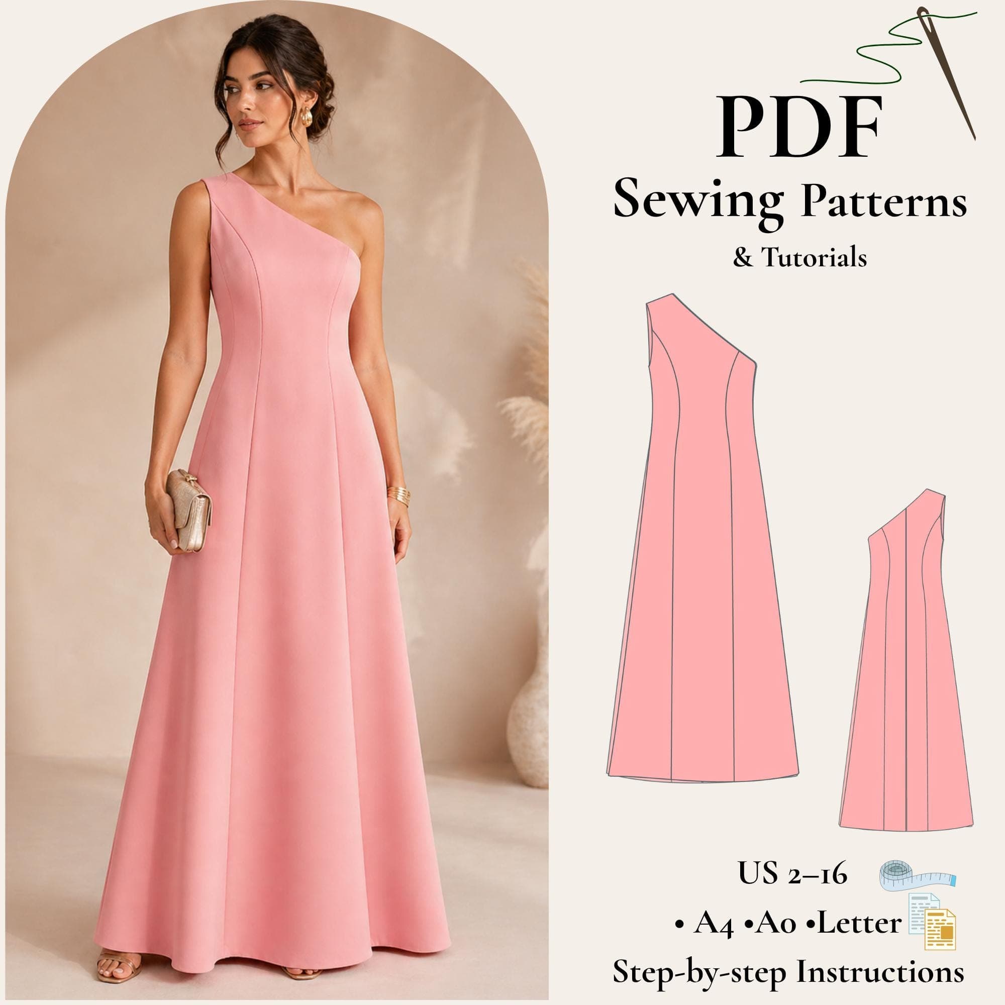 One Shoulder Maxi Dress Sewing Pattern PDF, Asymmetrical Dress Pattern, Elegant Evening Dress, Princess Seam Dress, Women Sewing Pattern