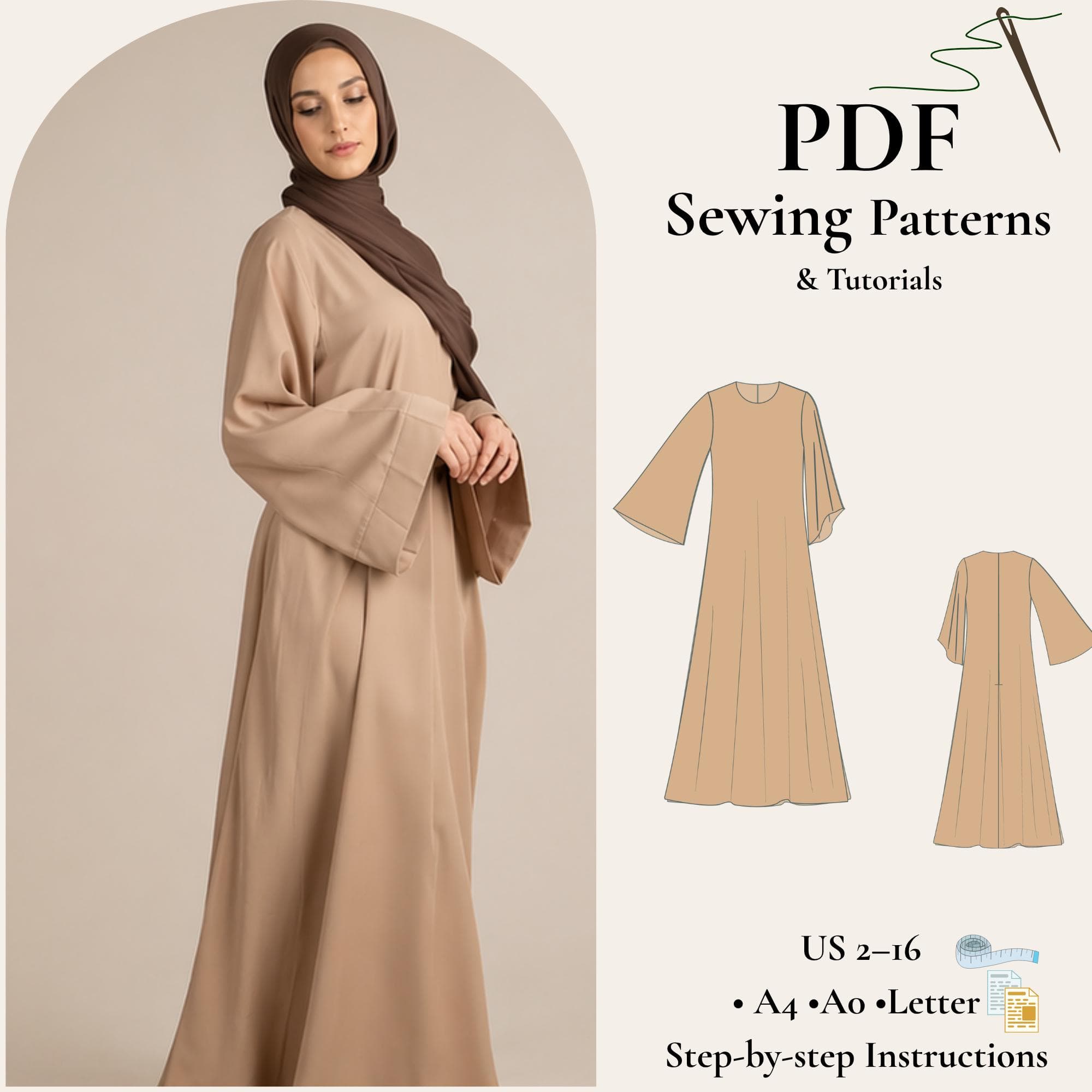 Modest Maxi Dress Sewing Pattern PDF, Abaya Dress Pattern, Loose Fit Long Dress, Muslim Dress Pattern, Easy Sewing Pattern, Women Dress