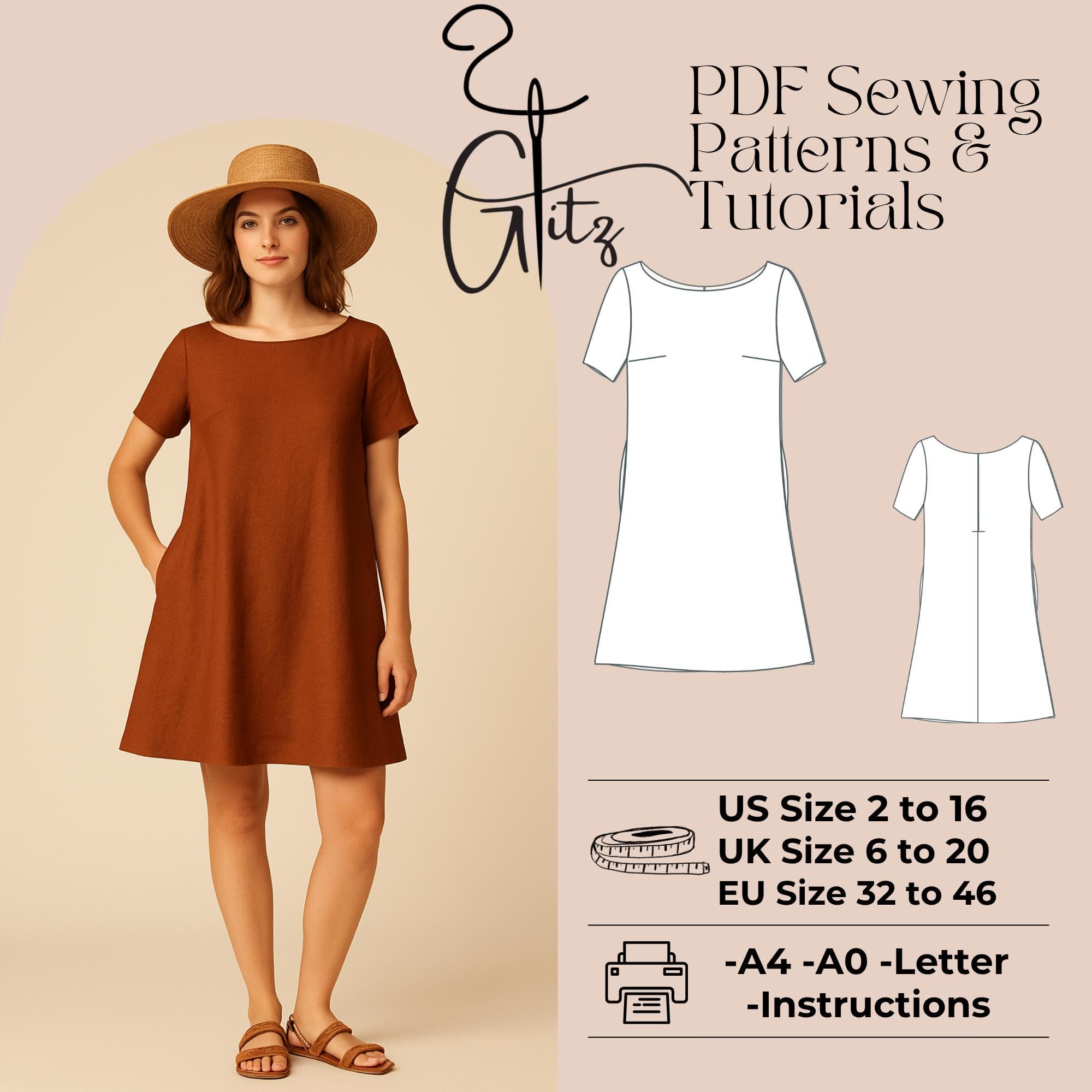 Linen Mini Dress Sewing Pattern, Boat Neck Boho Style (PDF Pattern)