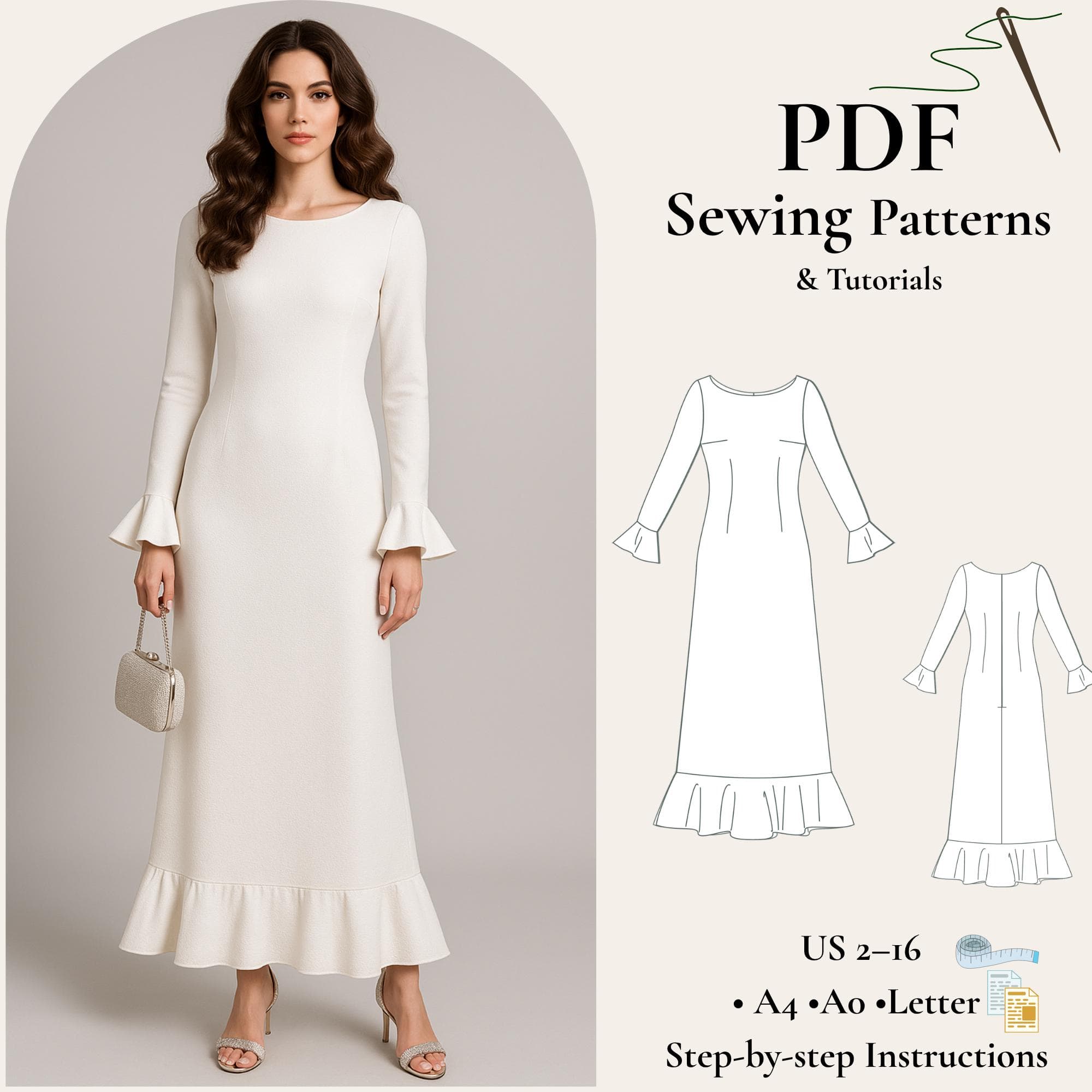 Long Sleeve Maxi Dress Sewing Pattern PDF, Ruffle Hem Dress Pattern, Elegant Modest Dress, A-Line Dress with Flounce XS-5XL