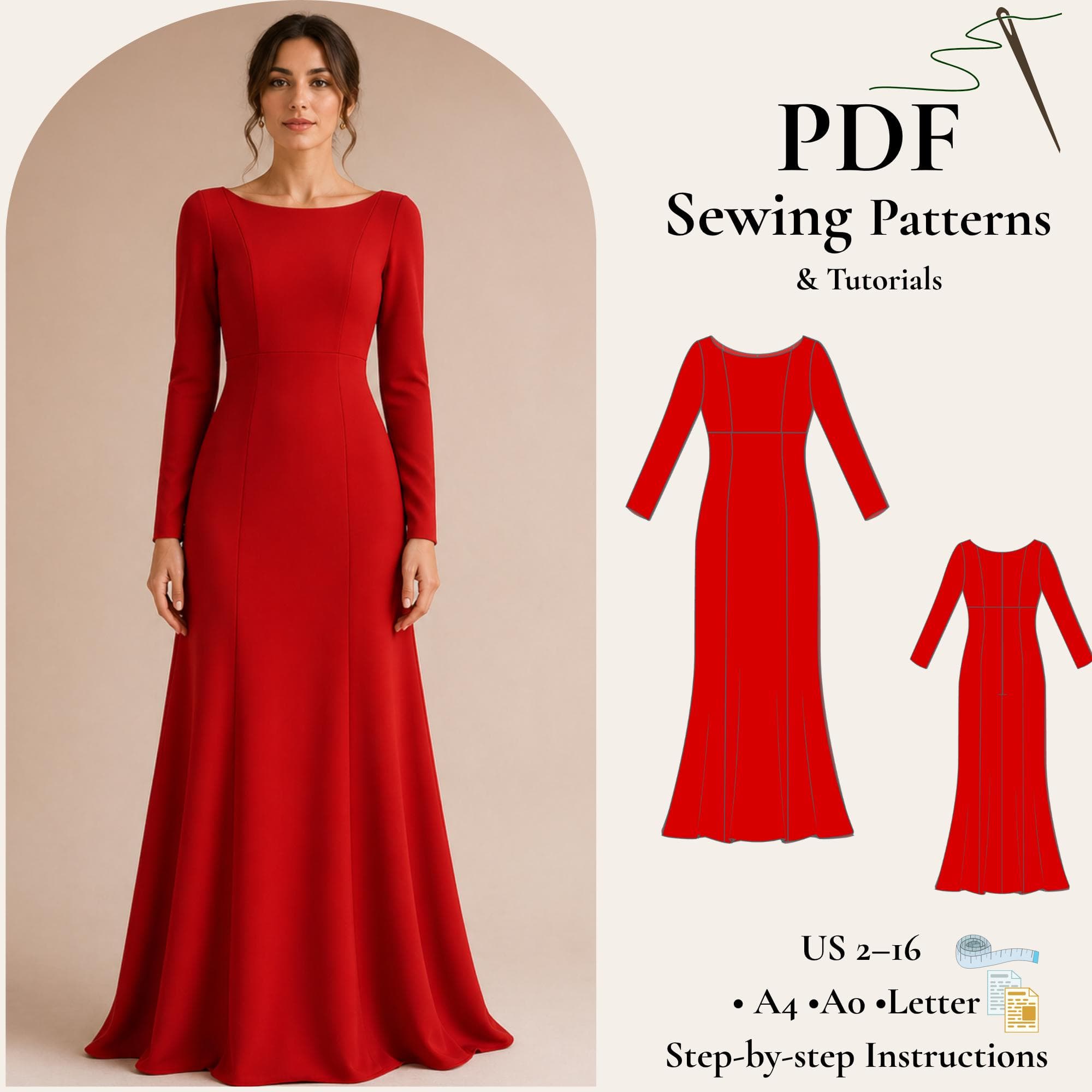 Long Sleeve Maxi Dress Sewing Pattern, Elegant Fitted Dress PDF, Princess Seam Gown, Boat Neck Dress Pattern, Formal Dress XS-5XL