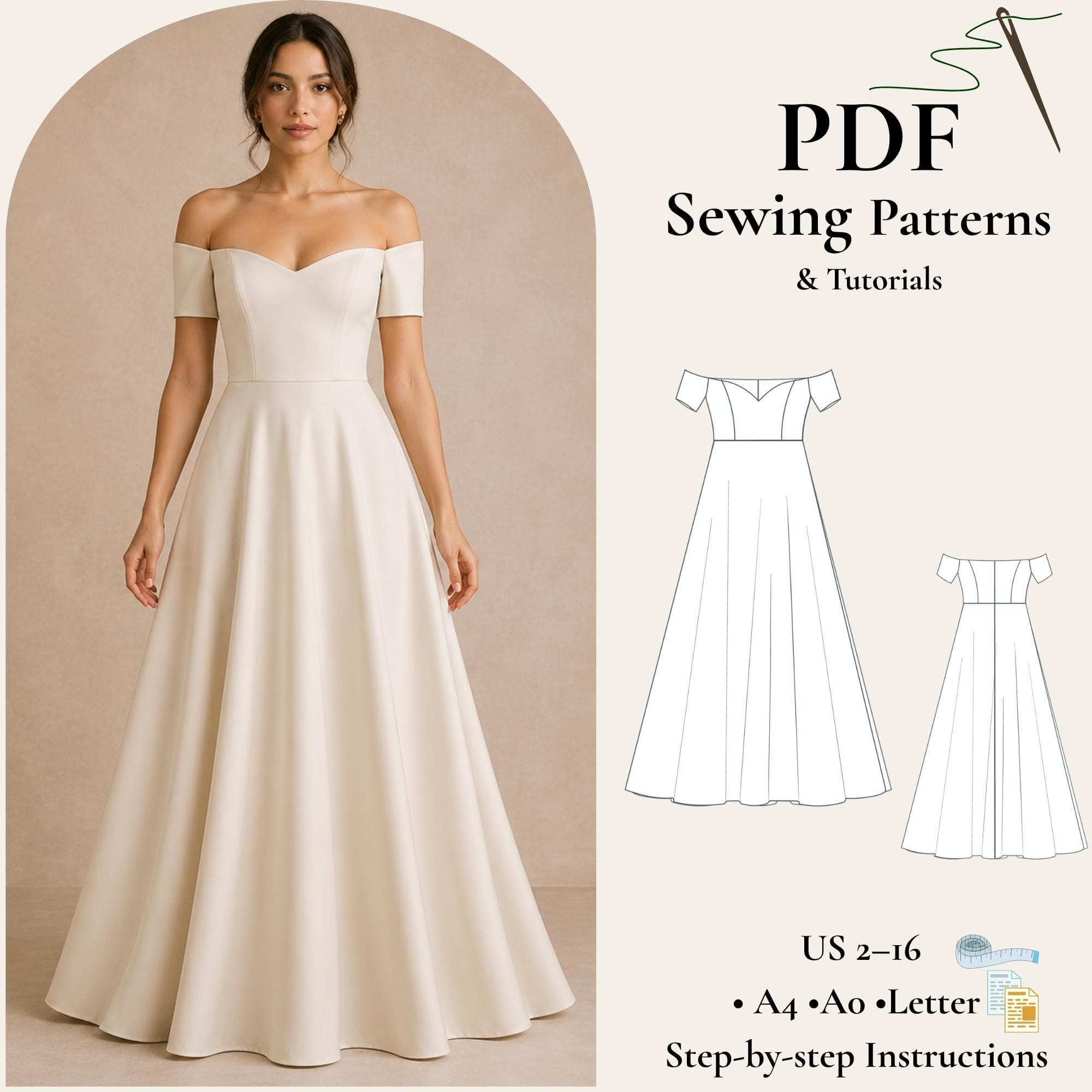 Off Shoulder Dress Sewing Pattern PDF, Sweetheart Neckline Dress, Princess Seam Dress Pattern, Maxi Dress Pattern, Romantic Dress XS-5XL