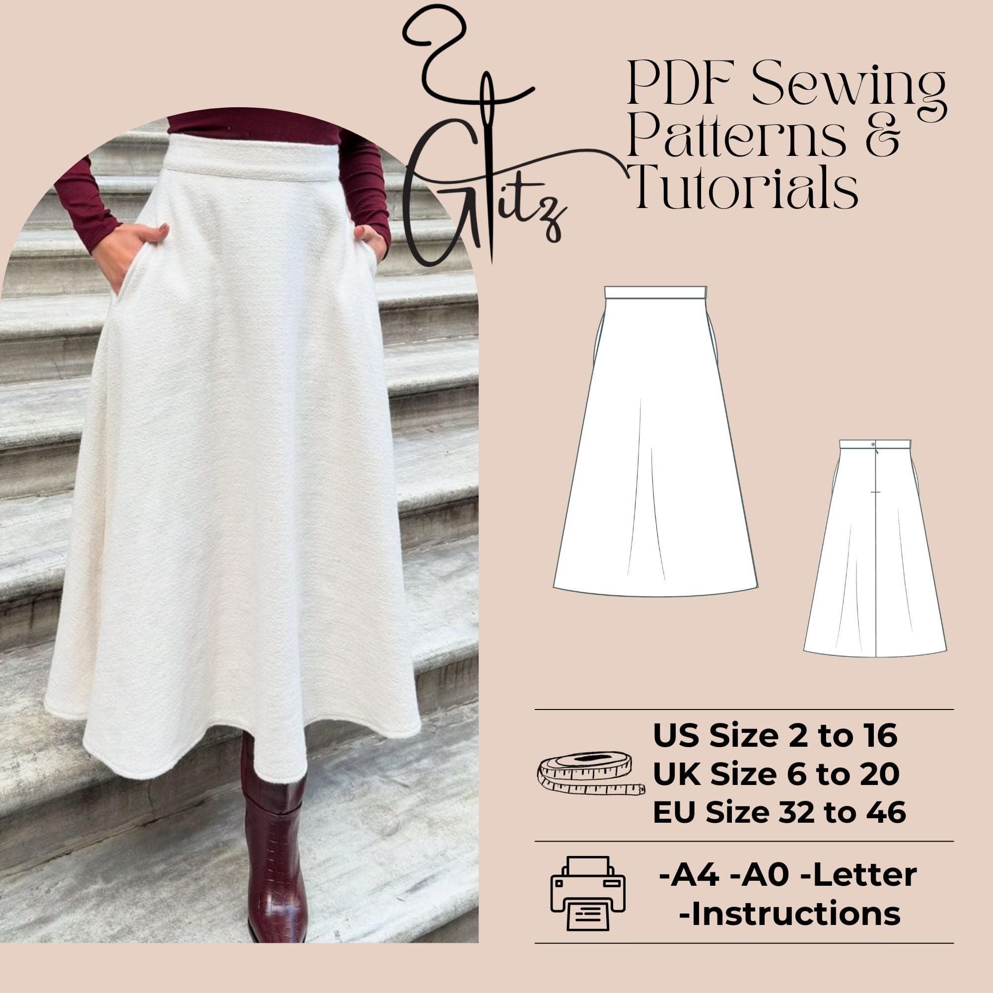 A-Line Midi Skirt Sewing Pattern, Beginner Friendly (US 2-30) (PDF Pattern)