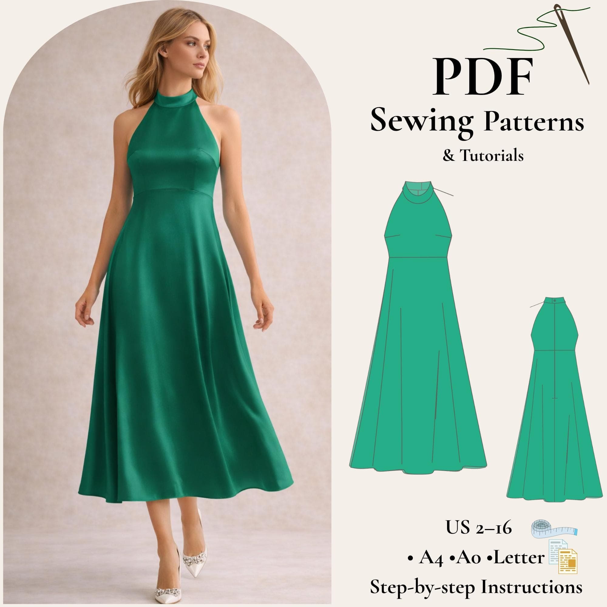 Halter Neck Dress Sewing Pattern PDF, Elegant Tea Length Dress Pattern, Satin Flare Dress, Wedding Guest Dress Pattern, Circle Skirt XS-5XL