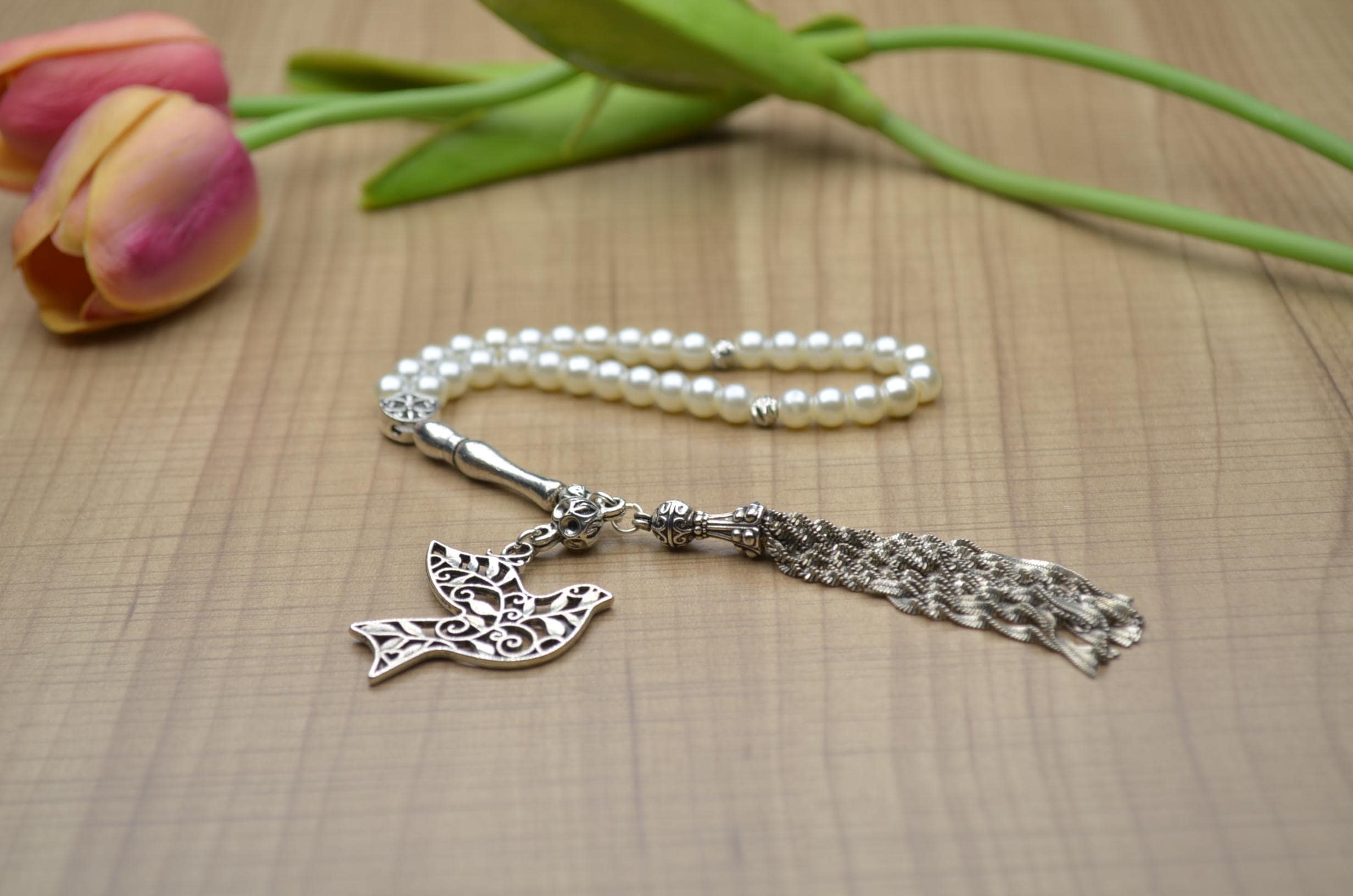 Ivory Luster Prayer Beads, White Bird Charm Tasbih, 33 Round Beads Misbaha, Elegant Islamic Gift, Personalized Rosary, Handheld Dhikr Bead, - image 3