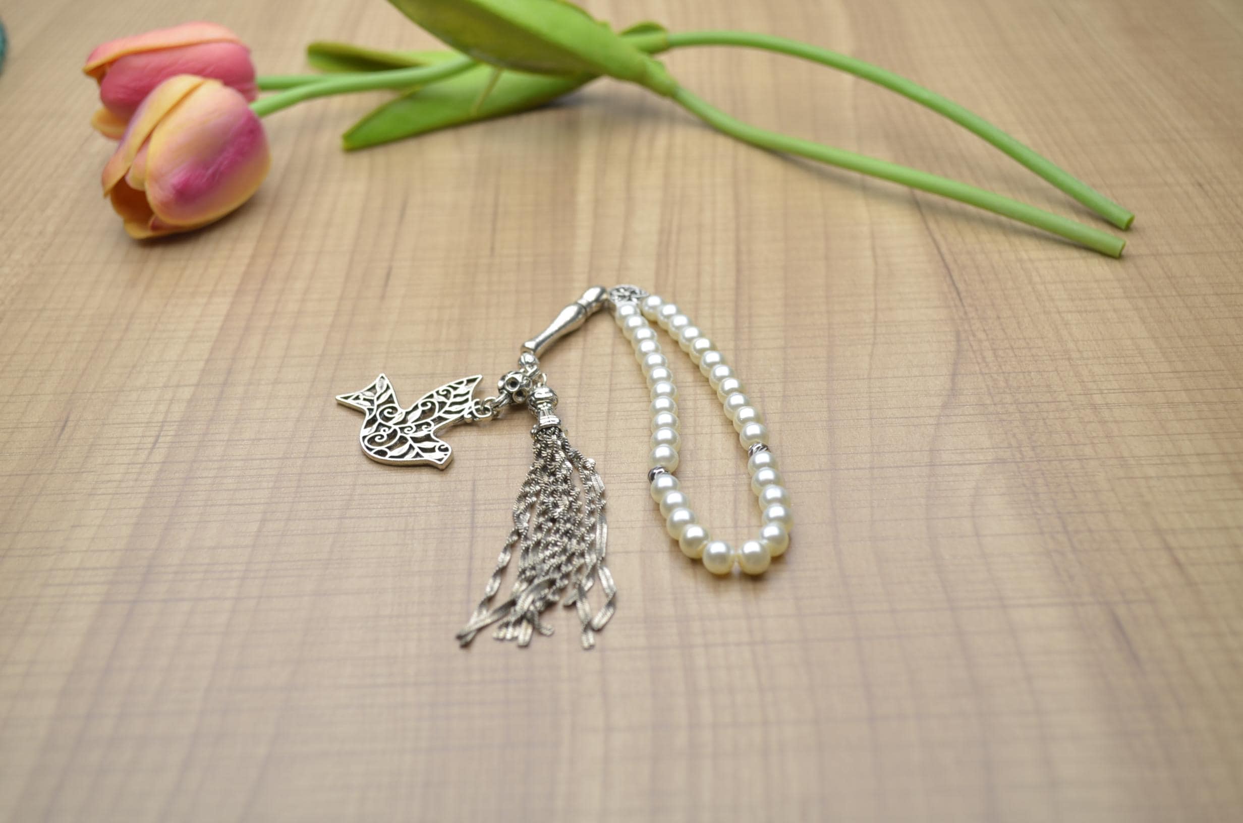 Ivory Luster Prayer Beads, White Bird Charm Tasbih, 33 Round Beads Misbaha, Elegant Islamic Gift, Personalized Rosary, Handheld Dhikr Bead,