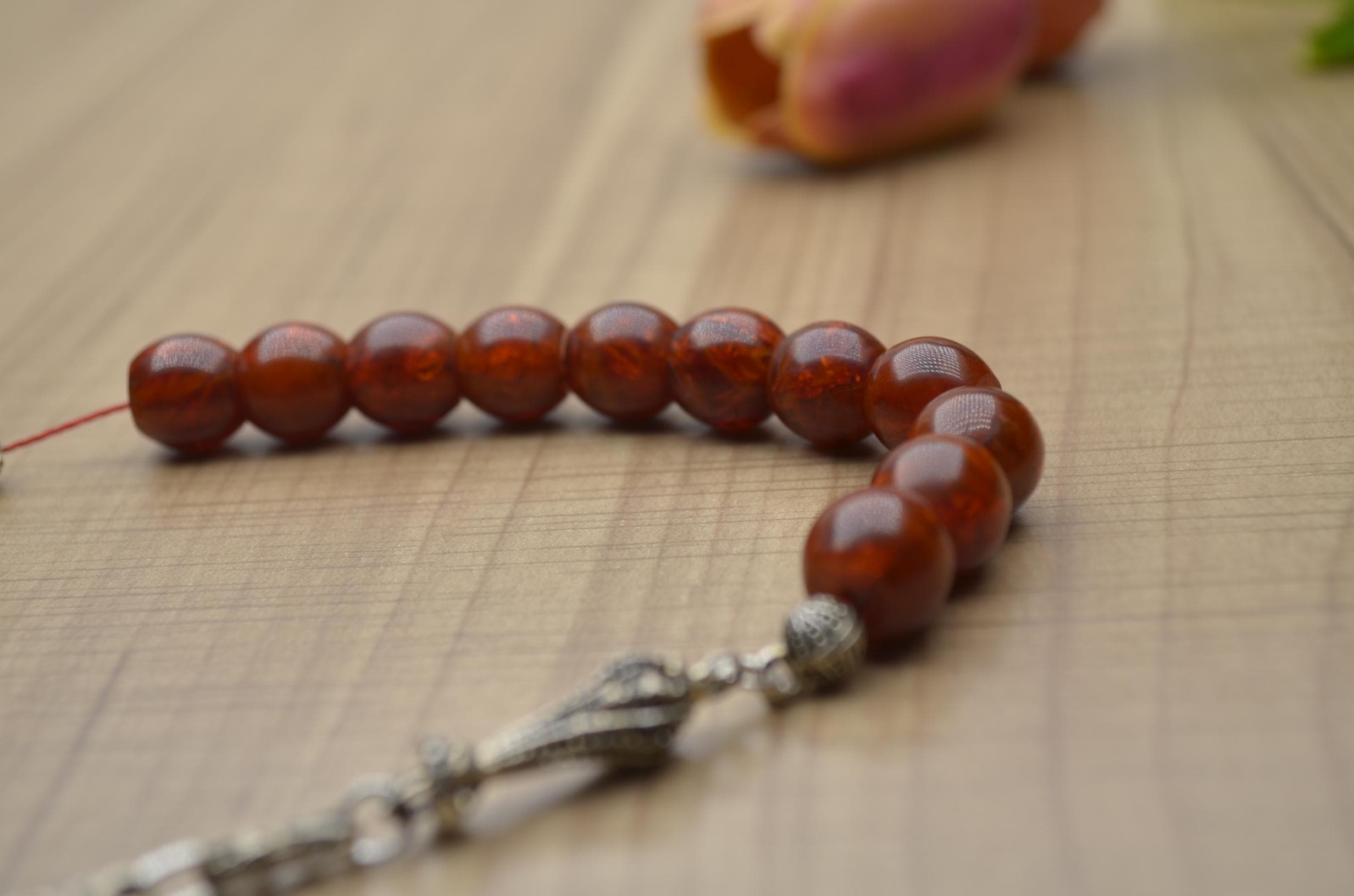 Pressed Amber Muslim Prayer Beads,Zaza Tasbeh Rosary,Light Brown,11 Beads Round Cherry Red Pocket Rosary,Personalized Prayer Beads,Mens Gift
