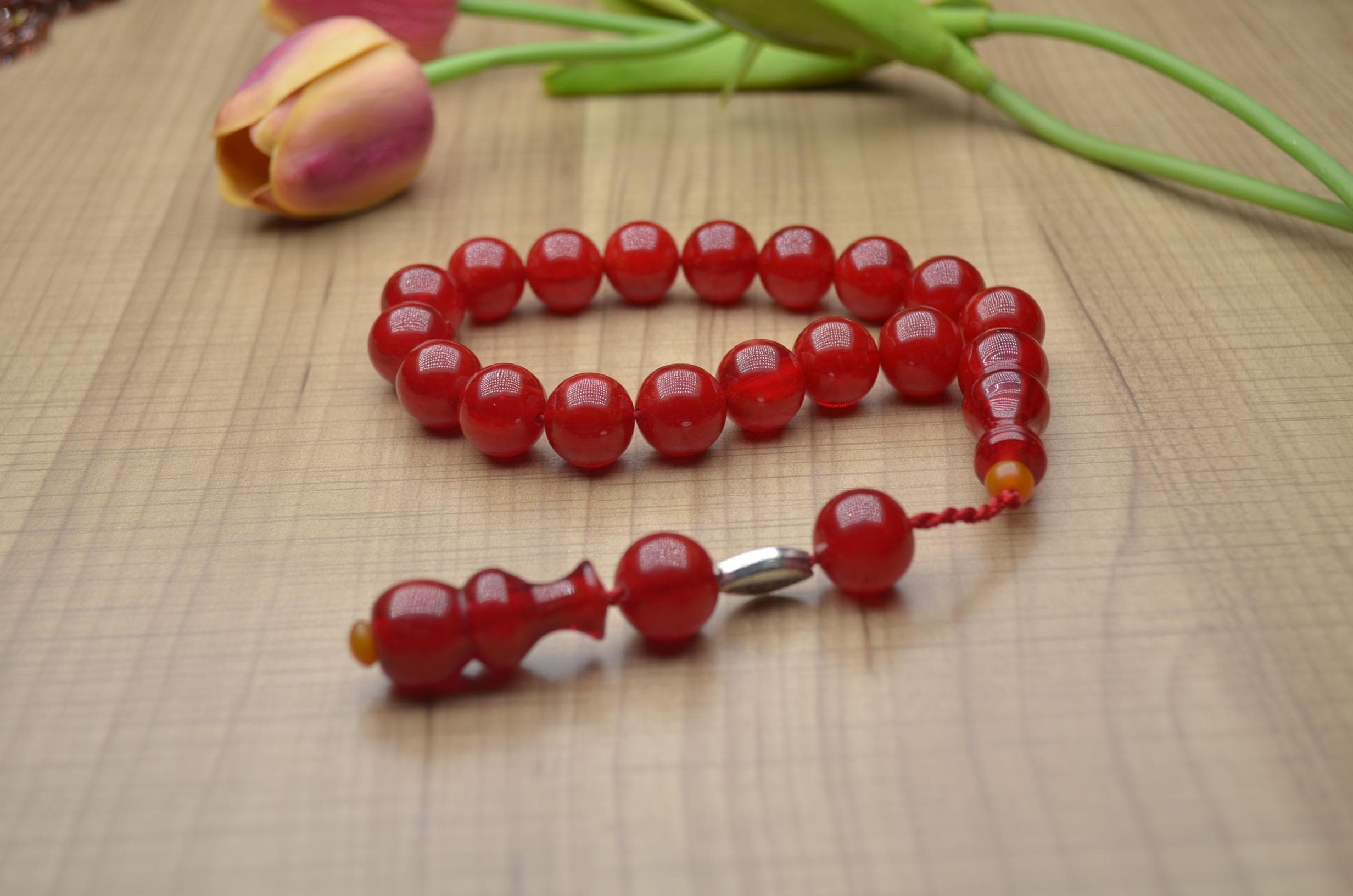 Vibrant Red Pressed Amber Tasbih, 33 Beads Islamic Rosary, Round Muslim Misbaha, Traditional Prayer Beads, Eid Ramadan Gift for Men