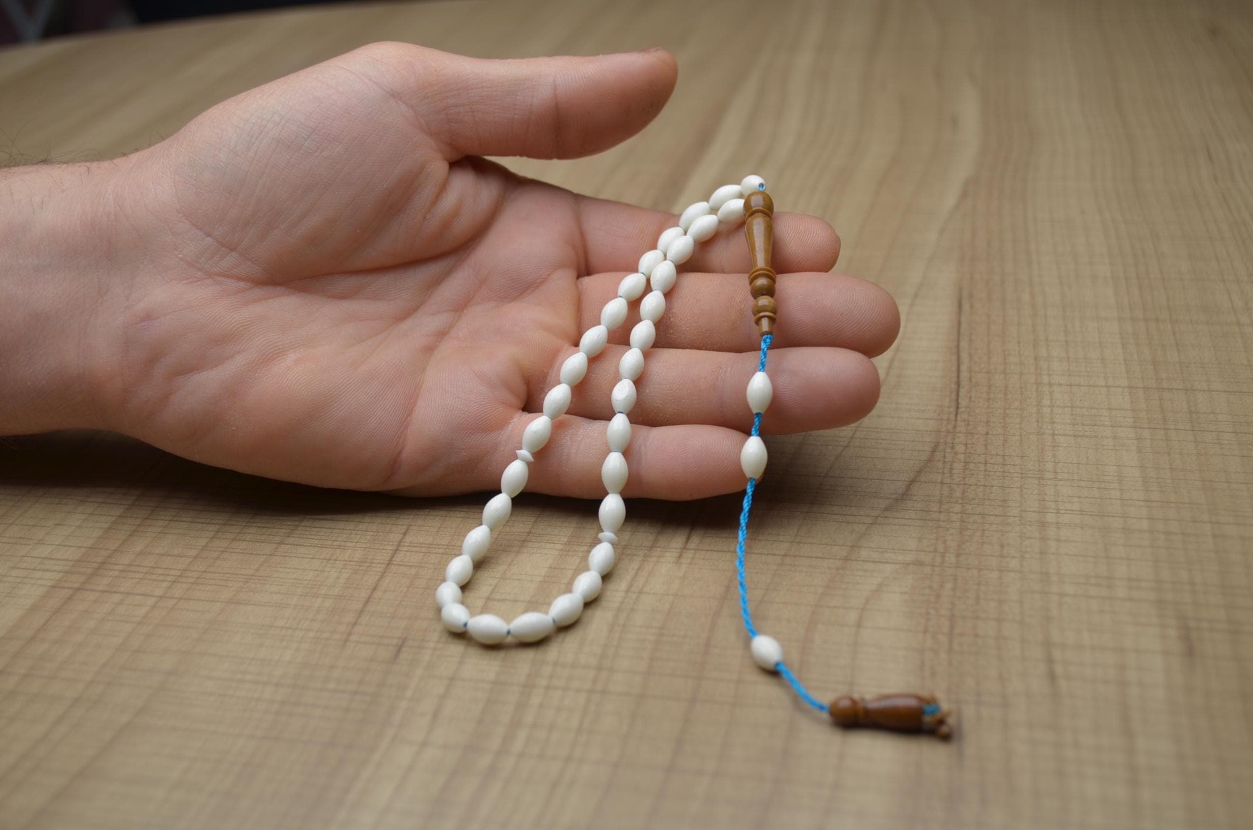 Small White Camel Bone Style Tasbih, 33 Beads with Brown Wooden Imam, Handmade Muslim Misbaha, Mens Elegant Gift, White Pocket Rosary Beads, - image 5