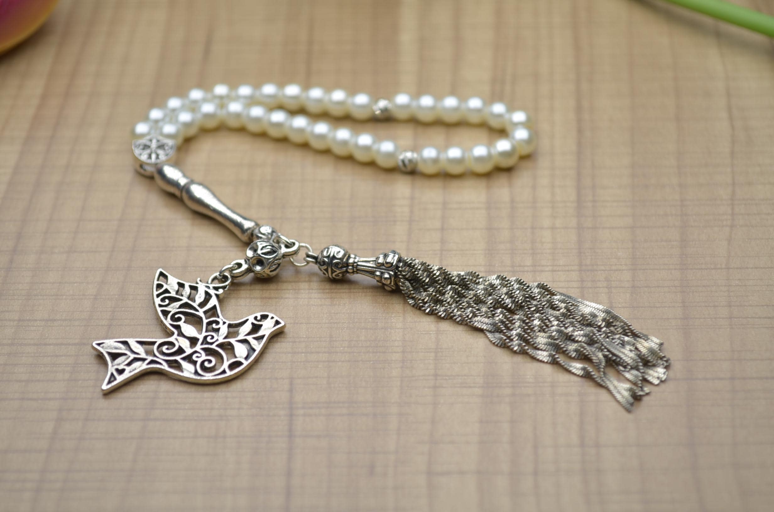 Ivory Luster Prayer Beads, White Bird Charm Tasbih, 33 Round Beads Misbaha, Elegant Islamic Gift, Personalized Rosary, Handheld Dhikr Bead, - image 4