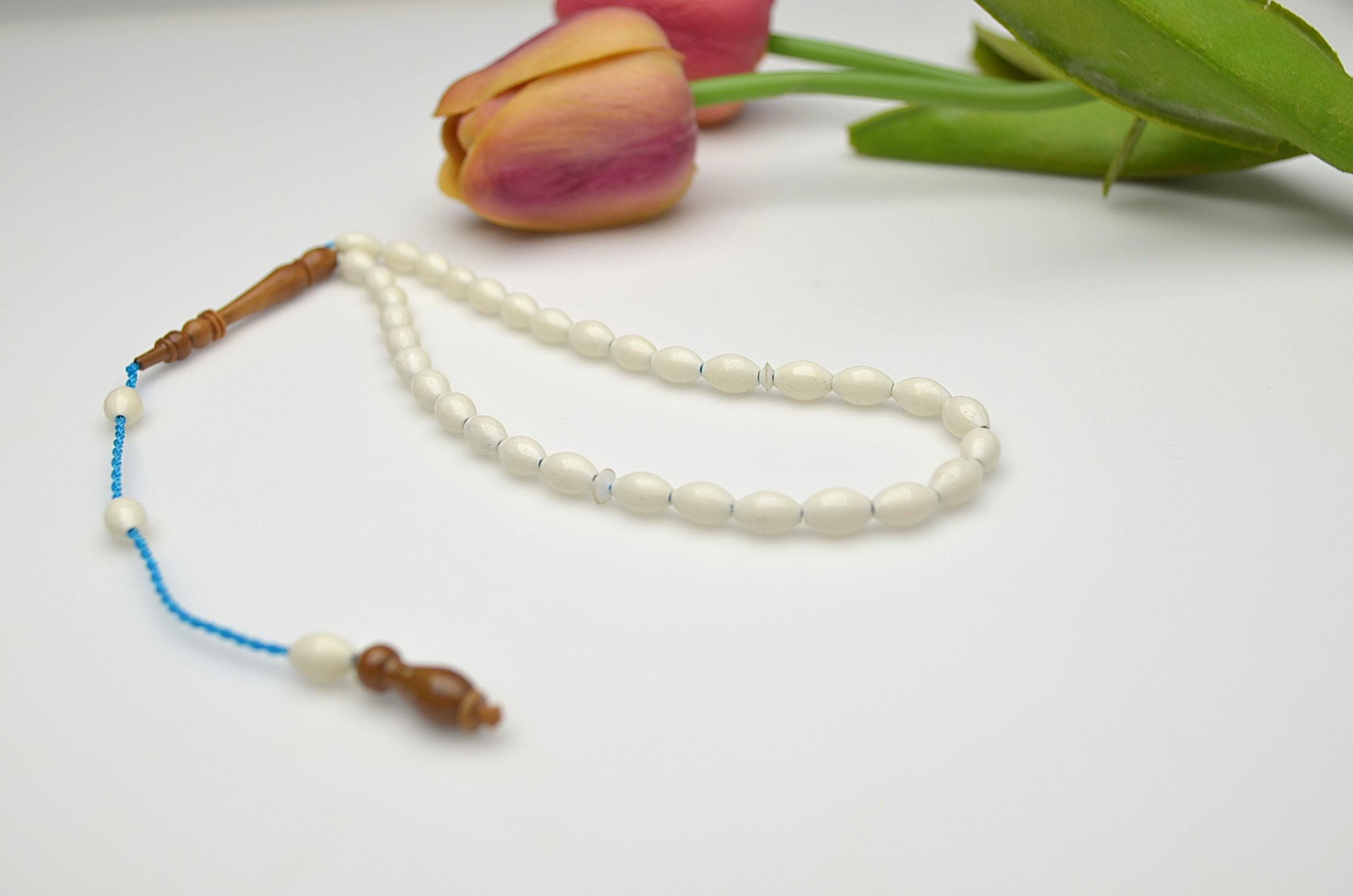 Small White Camel Bone Style Tasbih, 33 Beads with Brown Wooden Imam, Handmade Muslim Misbaha, Mens Elegant Gift, White Pocket Rosary Beads, - image 3