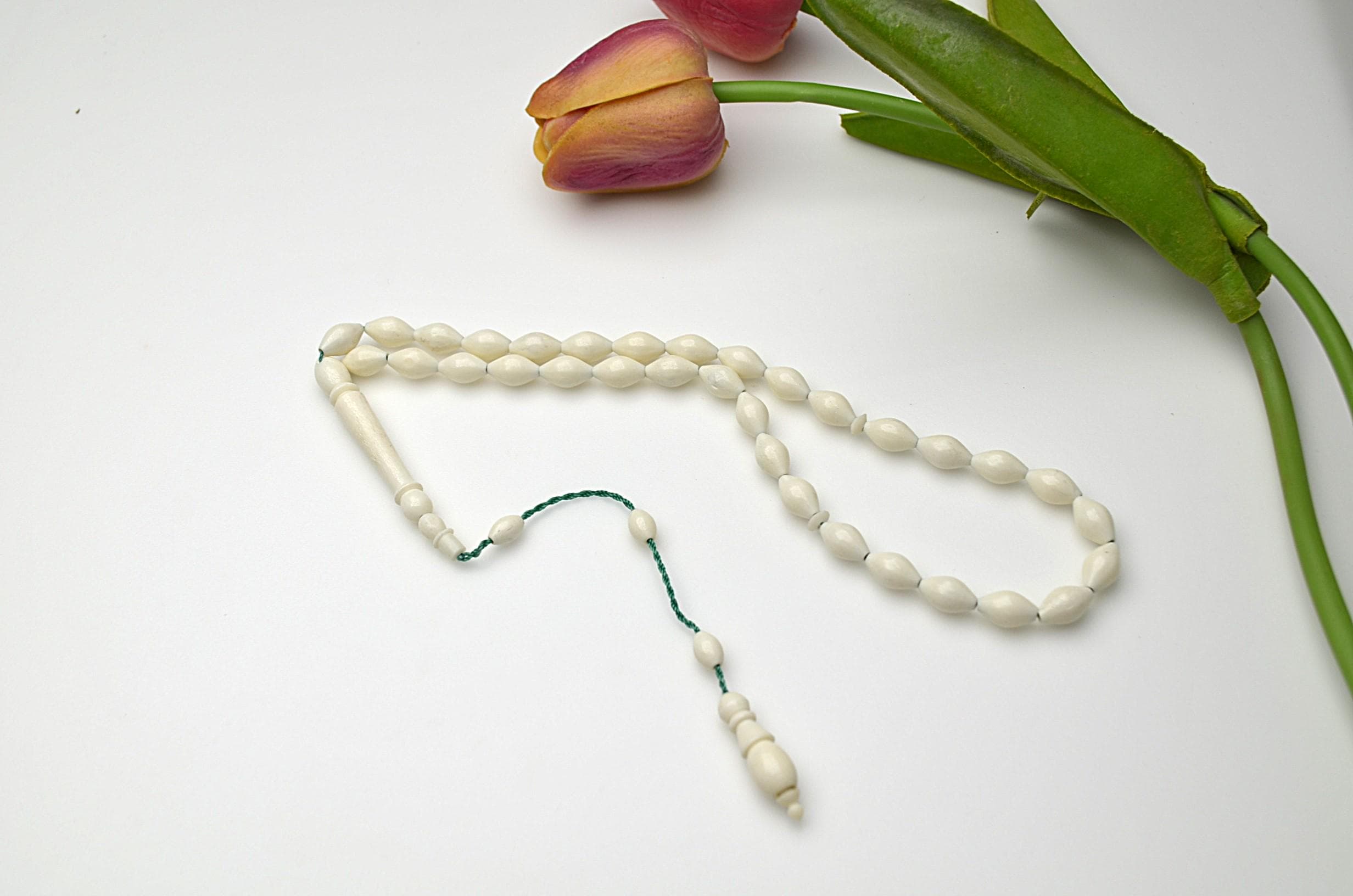 Spiritual Green Cord Tasbih, White Camel Bone Style, 33 Beads, Matching Imam, Traditional Muslim Misbaha, White Rosary, Islamic Faith Gift, - image 3