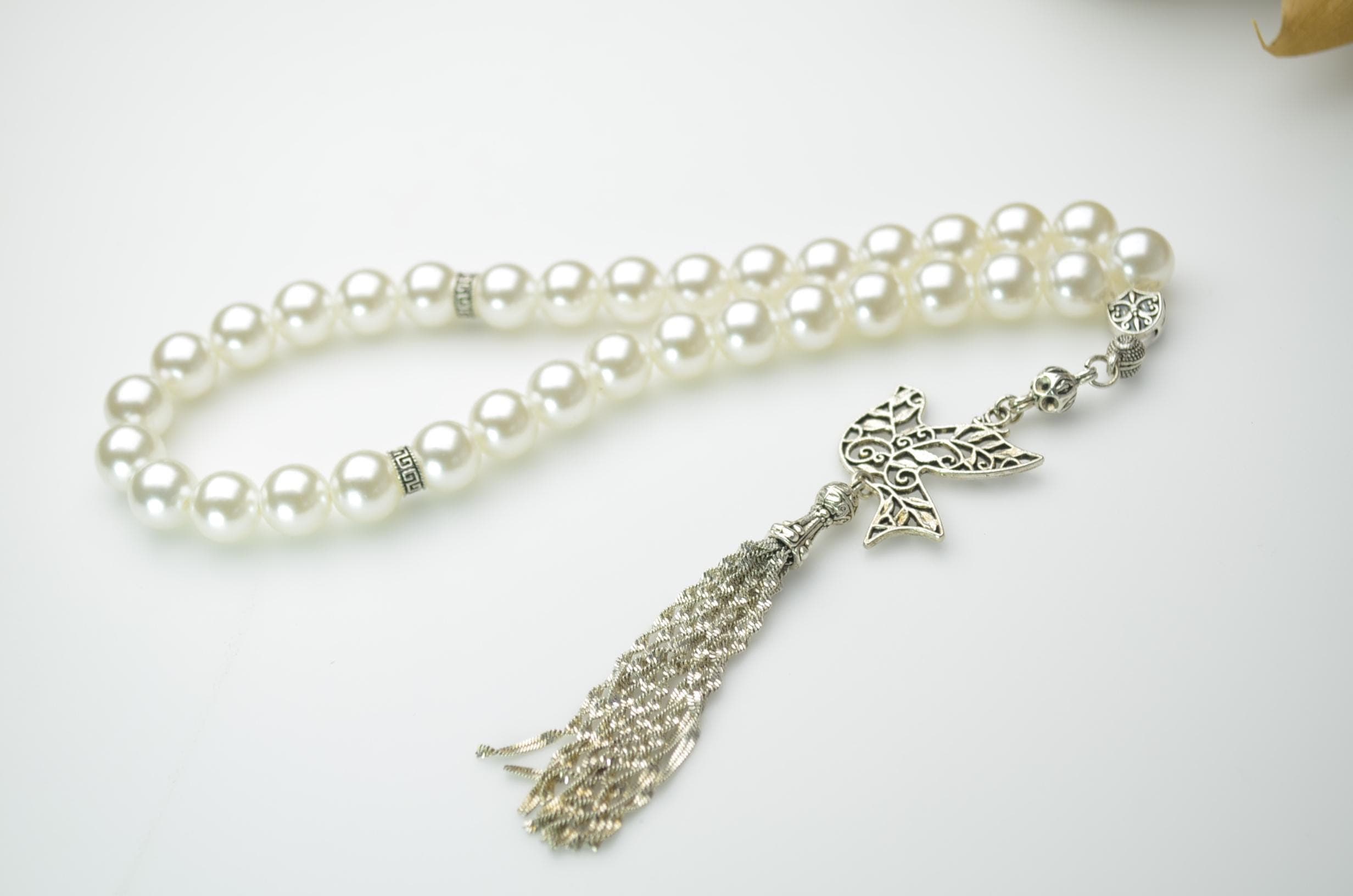 Faux Pearl Tasbih, White Islamic Prayer Beads, Dove Charm Rosary, 33 Beads Misbaha, Affordable Wedding Favors, Muslim Eid Gift - image 3