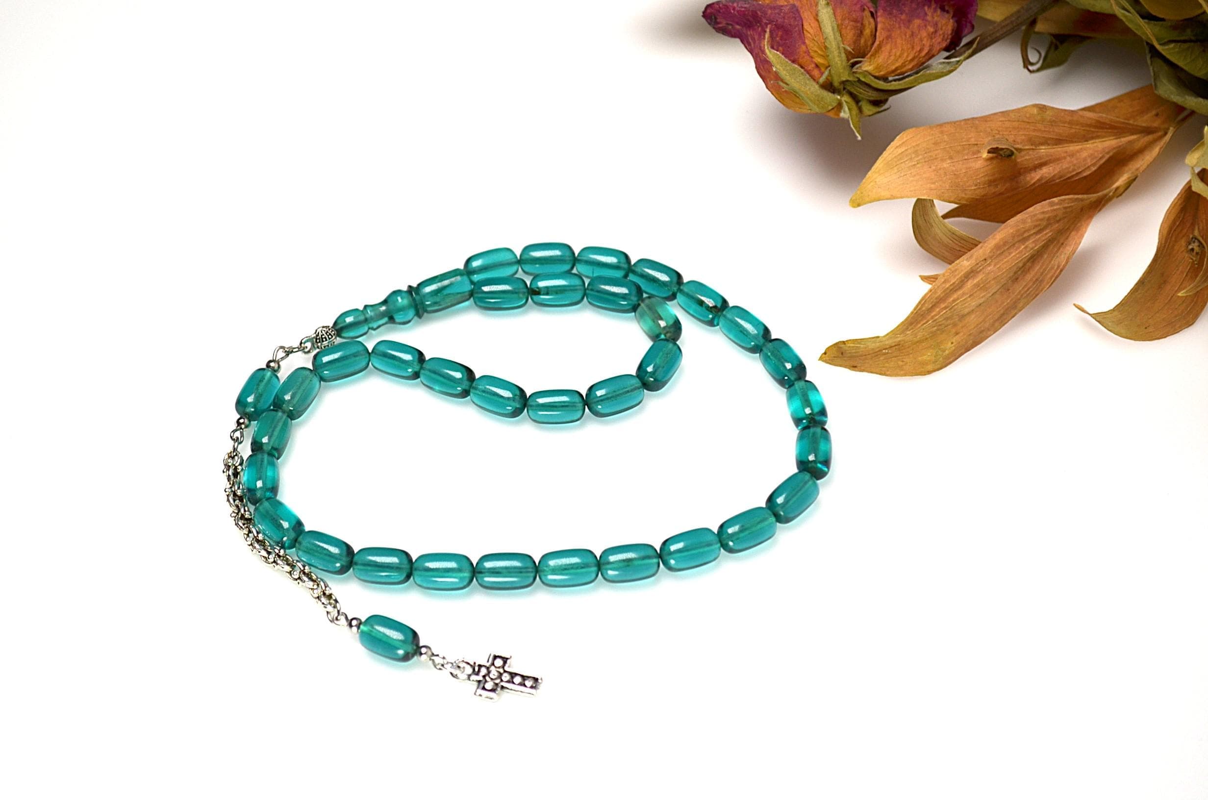 Turquoise Amber Powder Tasbih, 33 Beads Islamic Rosary, Ocean Blue Misbaha, Cylindrical Prayer Beads, Eid Ramadan Gift, Personalized Rosary,