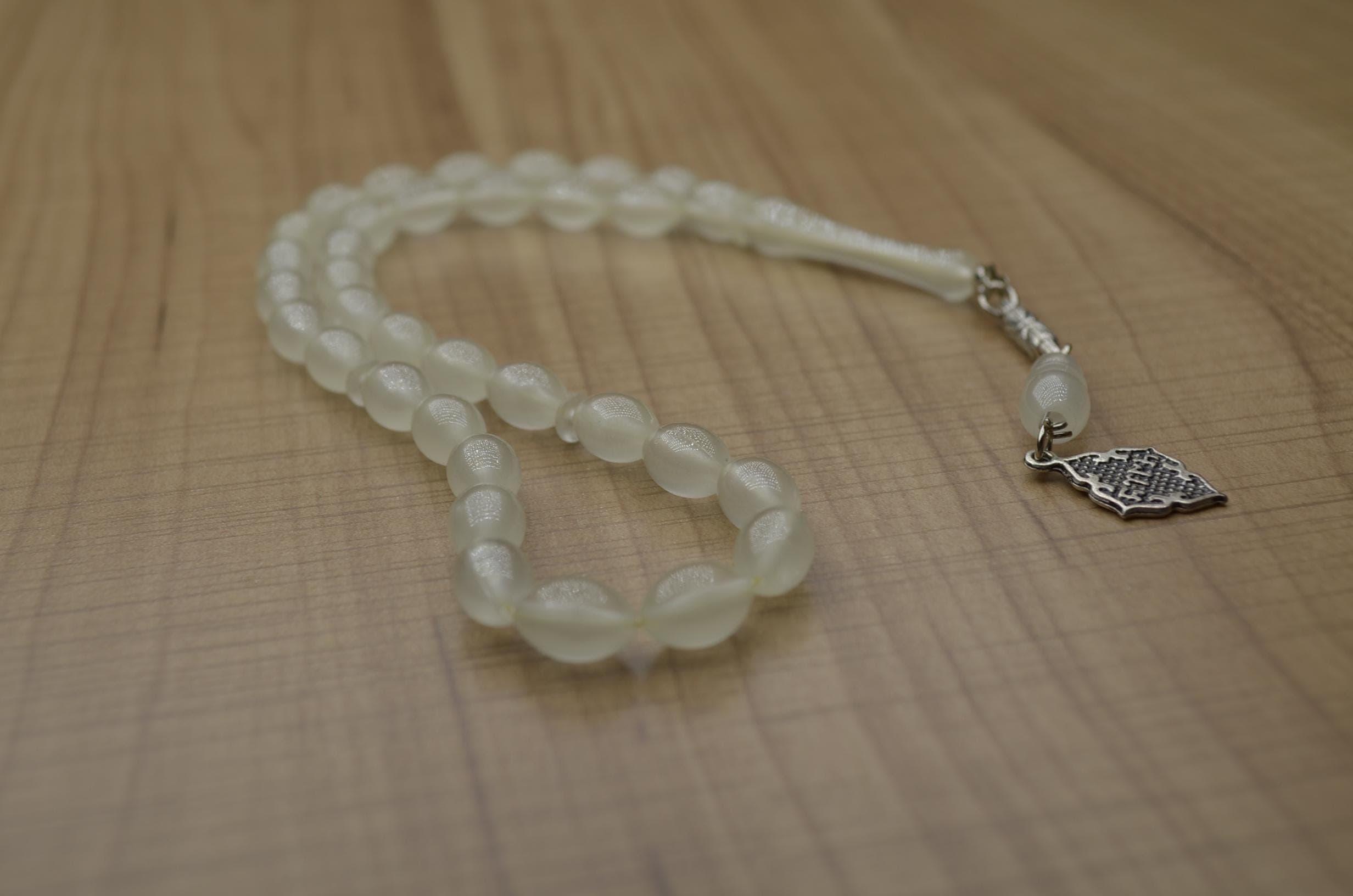 Satin White Cat's Eye Tasbih, 33 Beads Islamic Prayer Beads, Moonstone Style Misbaha, Personalized Rosary, Mens Gift, Spiritual Dhikr Bead,