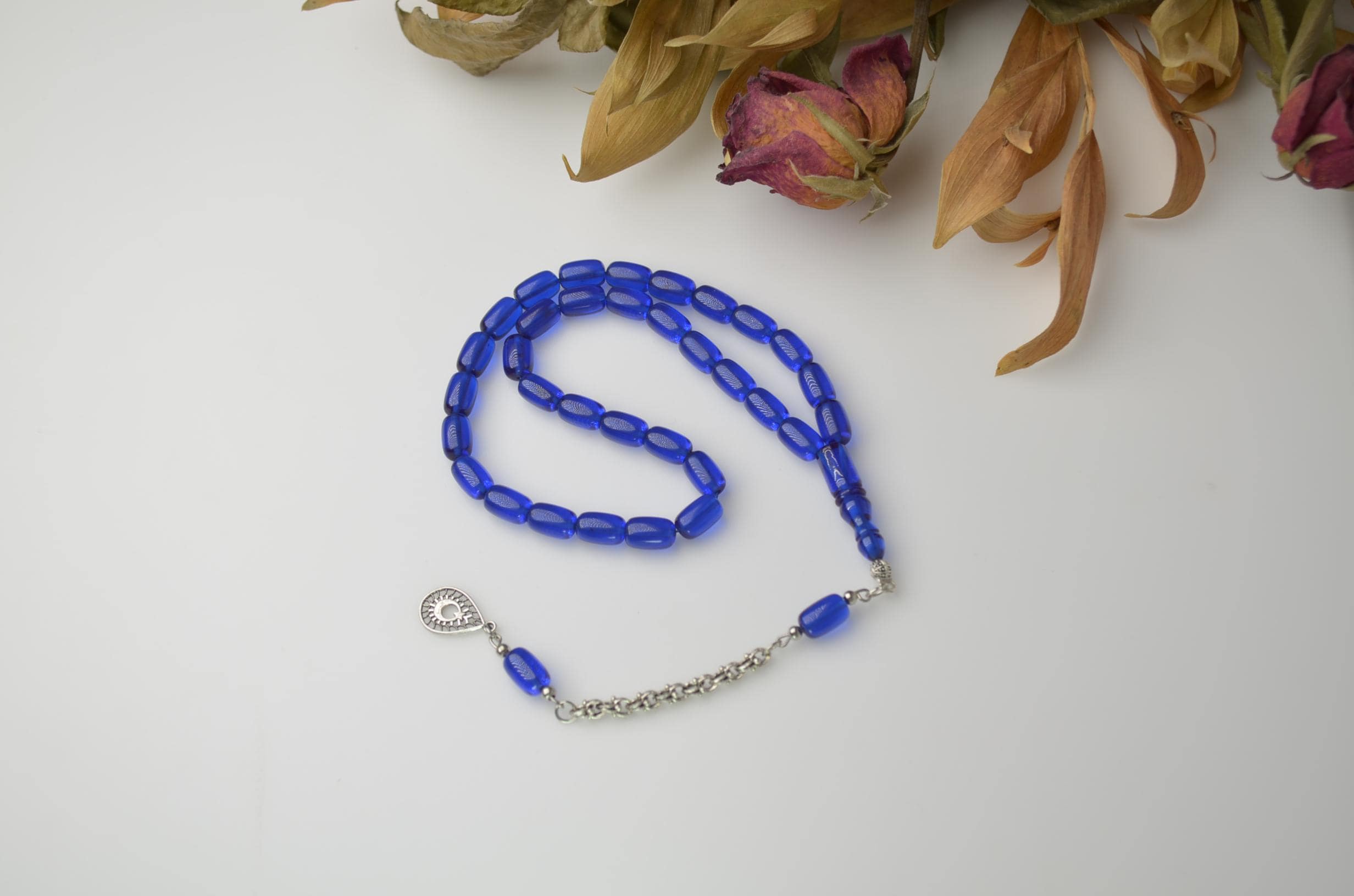 Blue Amber Powder Tasbih, 33 Beads Islamic Rosary, Muslim Misbaha, Cylindrical Prayer Beads, Eid Ramadan Gift for Men, Blue Worry Beads