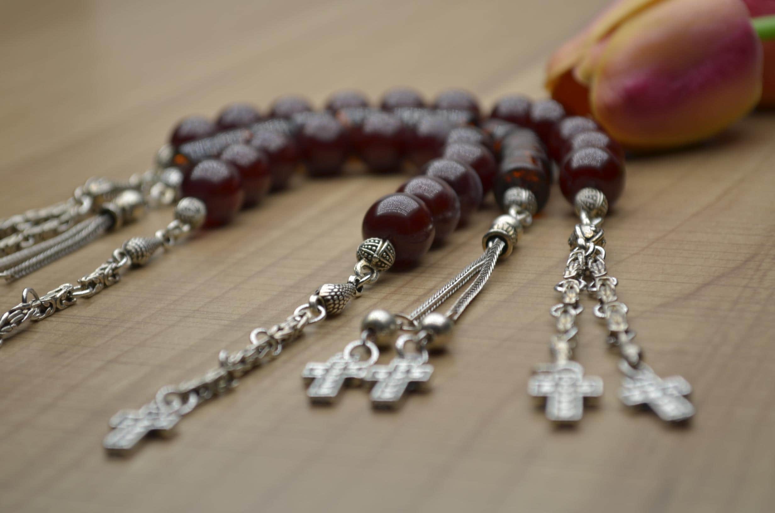 Custom Charm Dark Red Worry Beads, Round Pocket Rosary, Greek Komboloi, Personalized Prayer Beads, Mens Gift, Short Tasbih