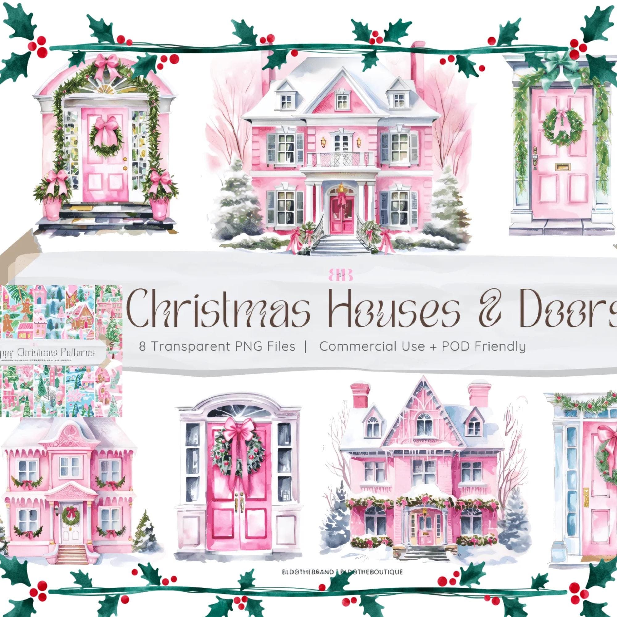 "Add charm to your designs with preppy pastel Christmas clipart and patterns! Featuring snowflakes, gingerbread houses, and floral borders, this bundle is perfect for greeting cards, wrapping paper, and festive apparel."