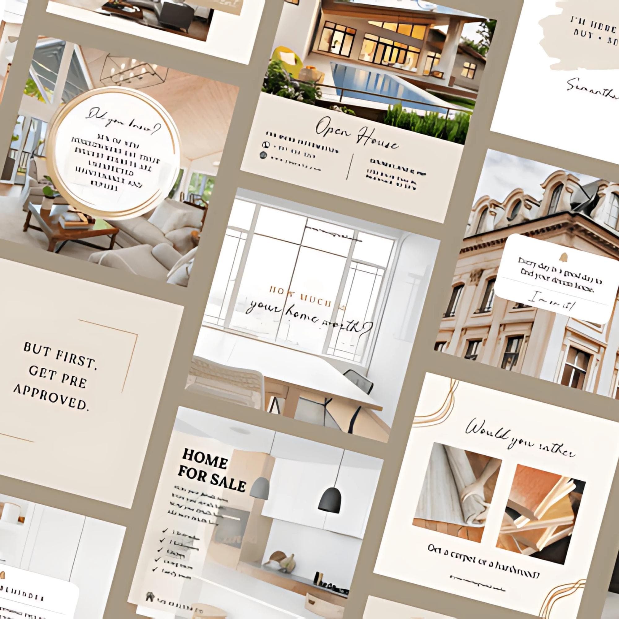145 includes eye-catching buyer tips, sold posts, and home maintenance designs. Customizable with a beige and gold theme, these templates make social media marketing stylish These editable designs are tailored for Instagram and